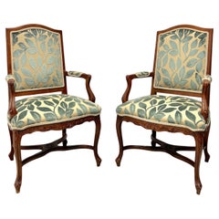 20th Century French Country Louis XV Walnut Fauteuils Open-Arm Armchairs - Pair