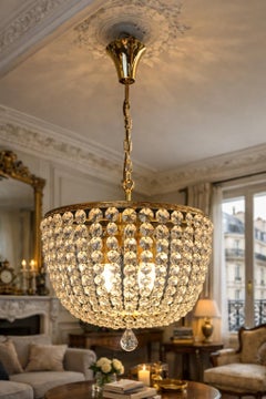 20th century French Crystal and Gilded Brass Chandelier, 1950s