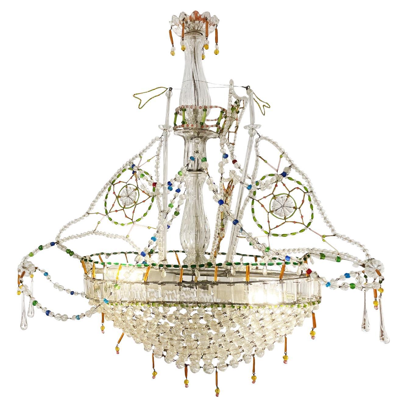 20th Century French Crystal Glass Sail Ship Boat Pendant - Vintage Ceiling Light For Sale