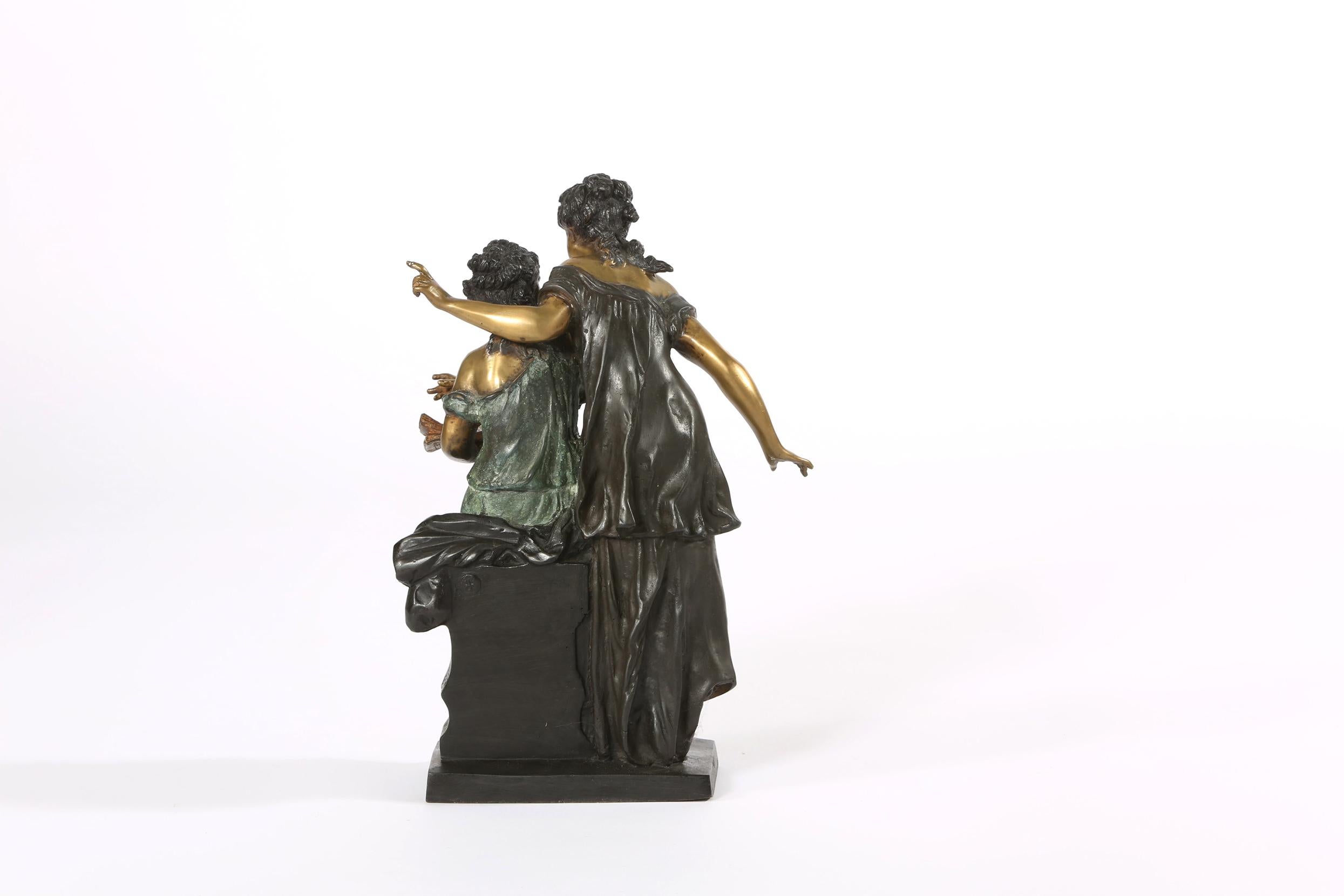 Mid-20th century decorative bronze sculpture of two female beauties. The sculpture is in good condition. Undersigned by the artist Agiest Moraell (C) 182. The decorative piece stand about 15 inches tall. Base is 7.5 inches x 6.5 inches.