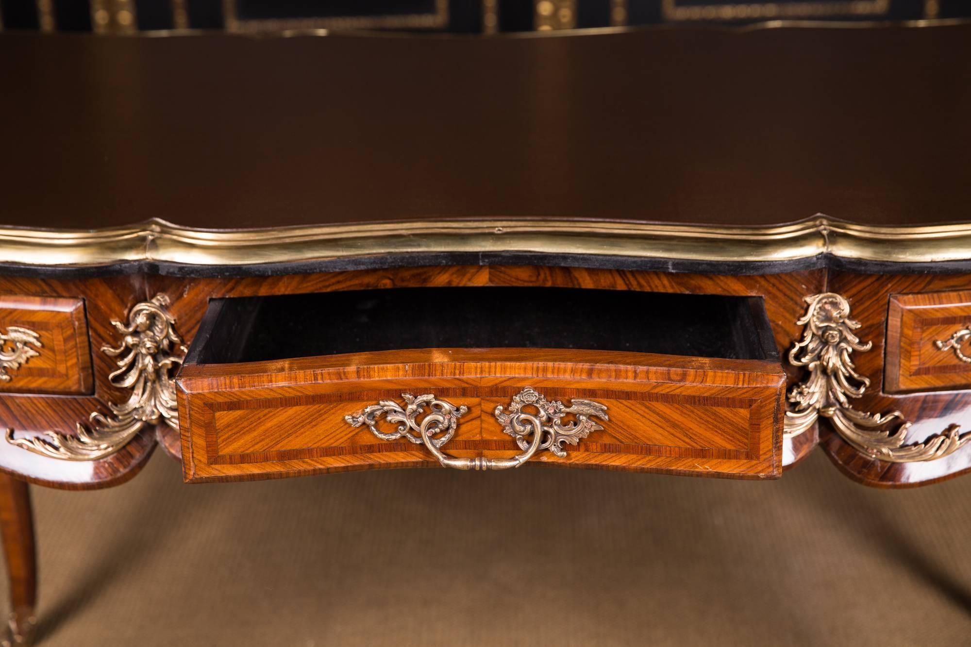 Bronze 20th Century French Desk Bureau Plat in the Louis XV Style Bois-satiné Veneer