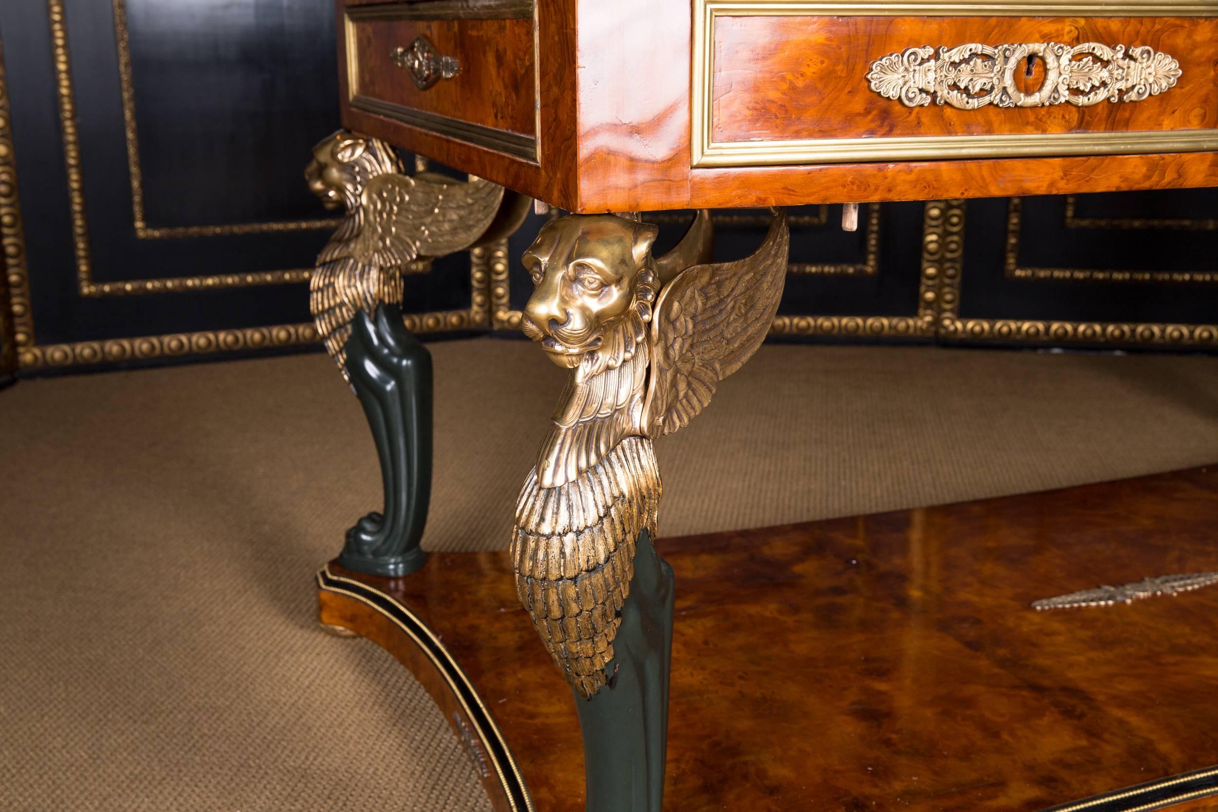 Birdseye Maple 20th Century, French Desk or Bureau Plat with Lions in the antique Empire Style