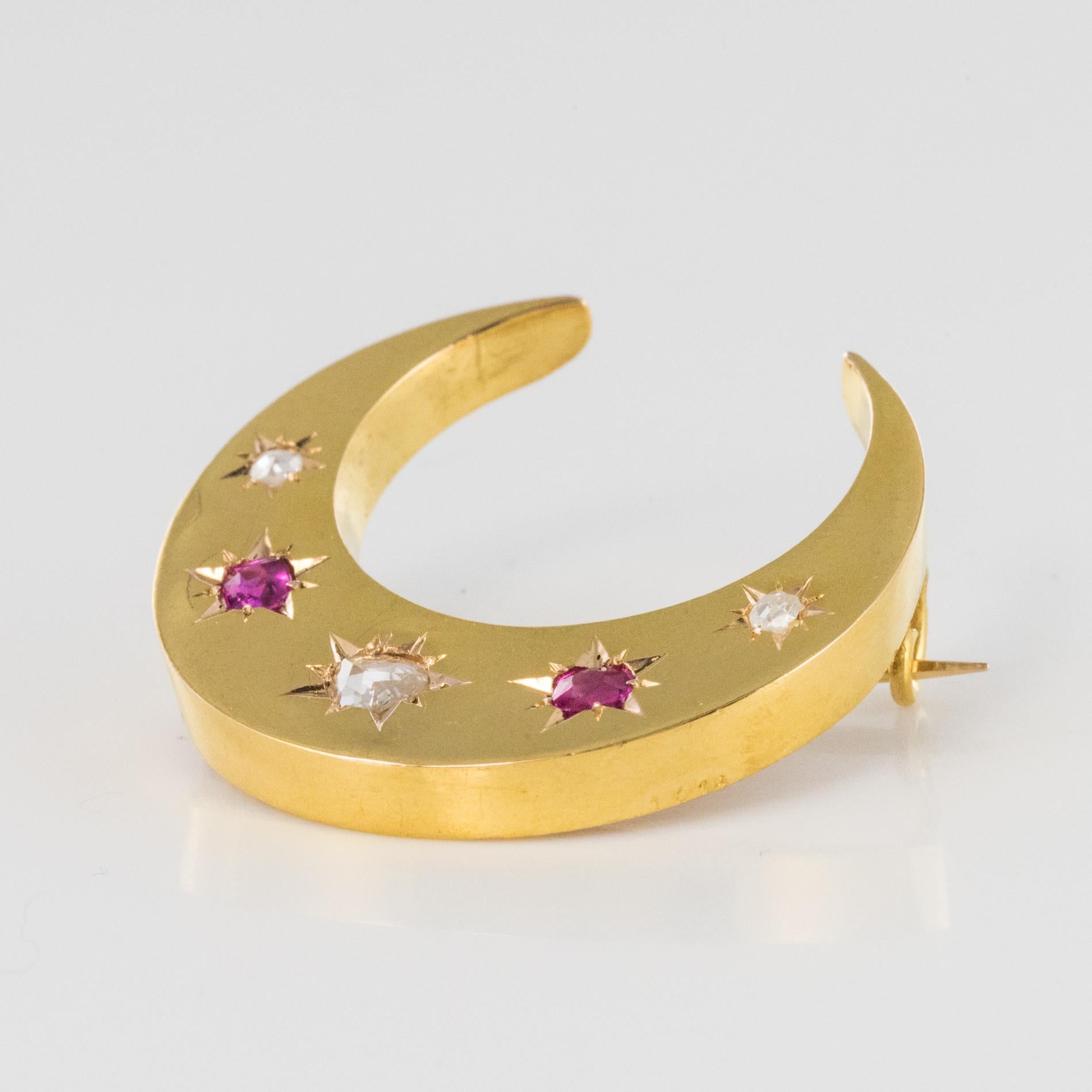 20th Century French Diamonds Ruby 18 Karat Yellow Gold Moon Brooch For Sale 7