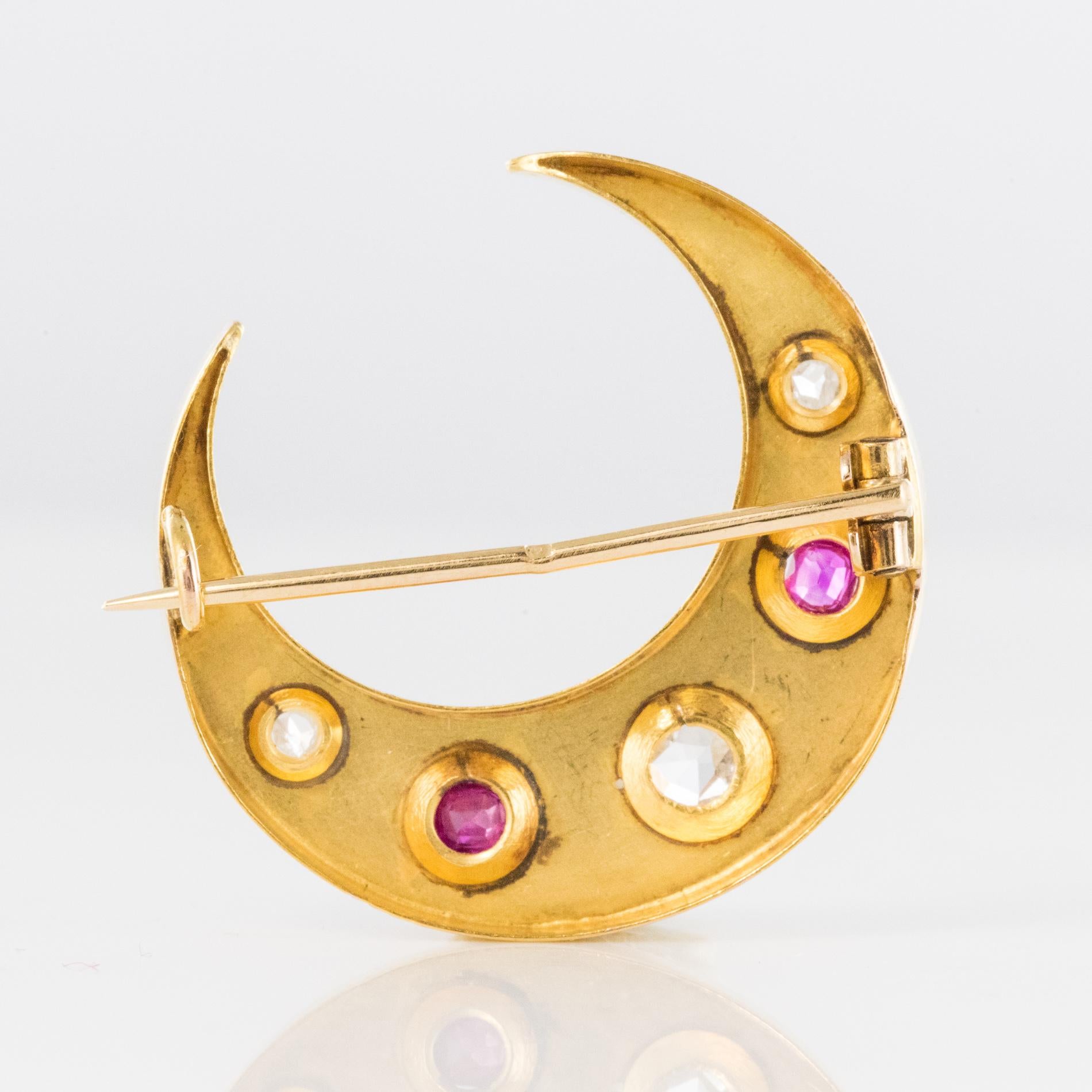 20th Century French Diamonds Ruby 18 Karat Yellow Gold Moon Brooch For Sale 10