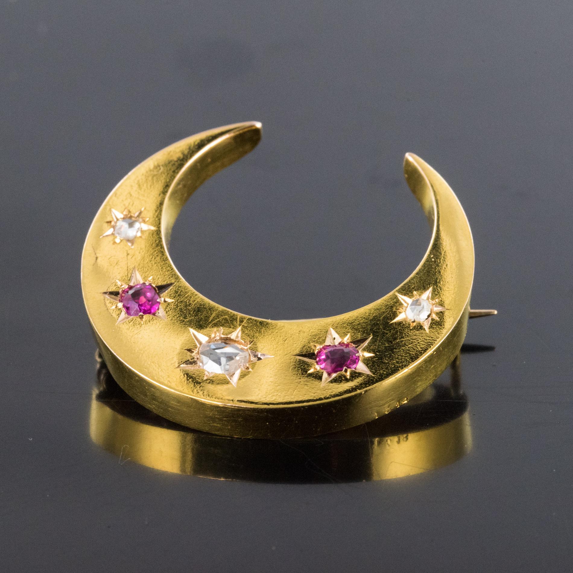 Rose Cut 20th Century French Diamonds Ruby 18 Karat Yellow Gold Moon Brooch For Sale