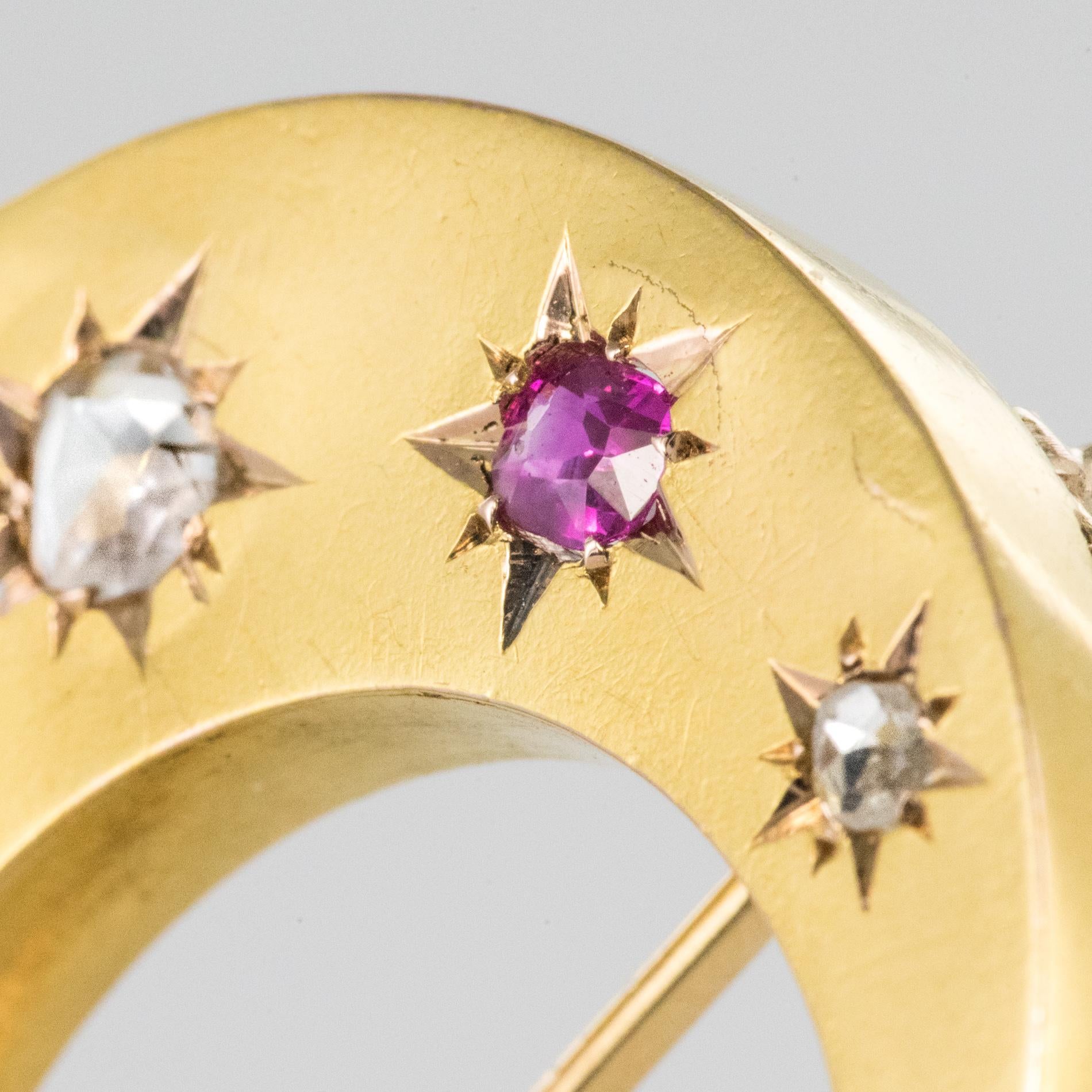 Women's 20th Century French Diamonds Ruby 18 Karat Yellow Gold Moon Brooch For Sale