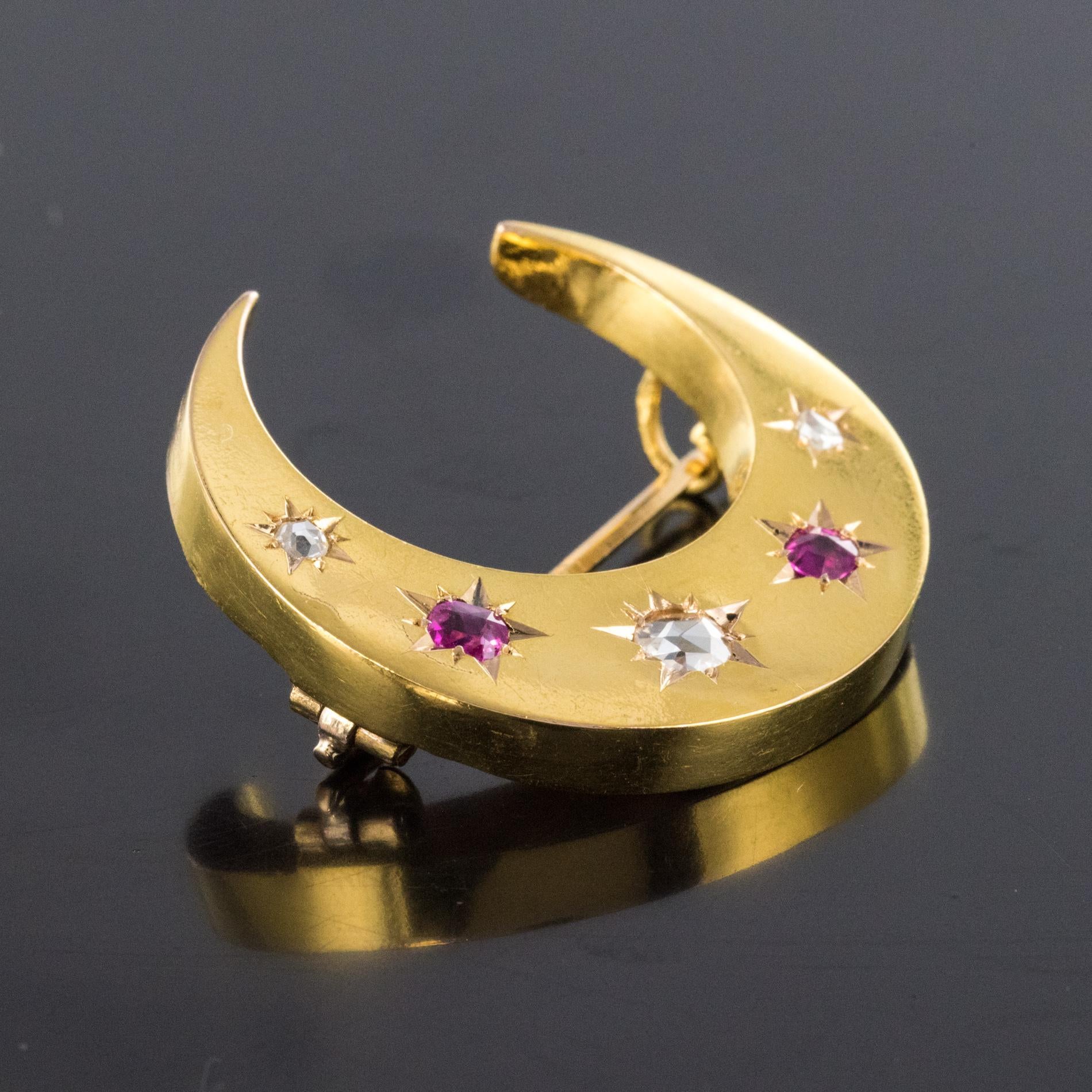 20th Century French Diamonds Ruby 18 Karat Yellow Gold Moon Brooch For Sale 1