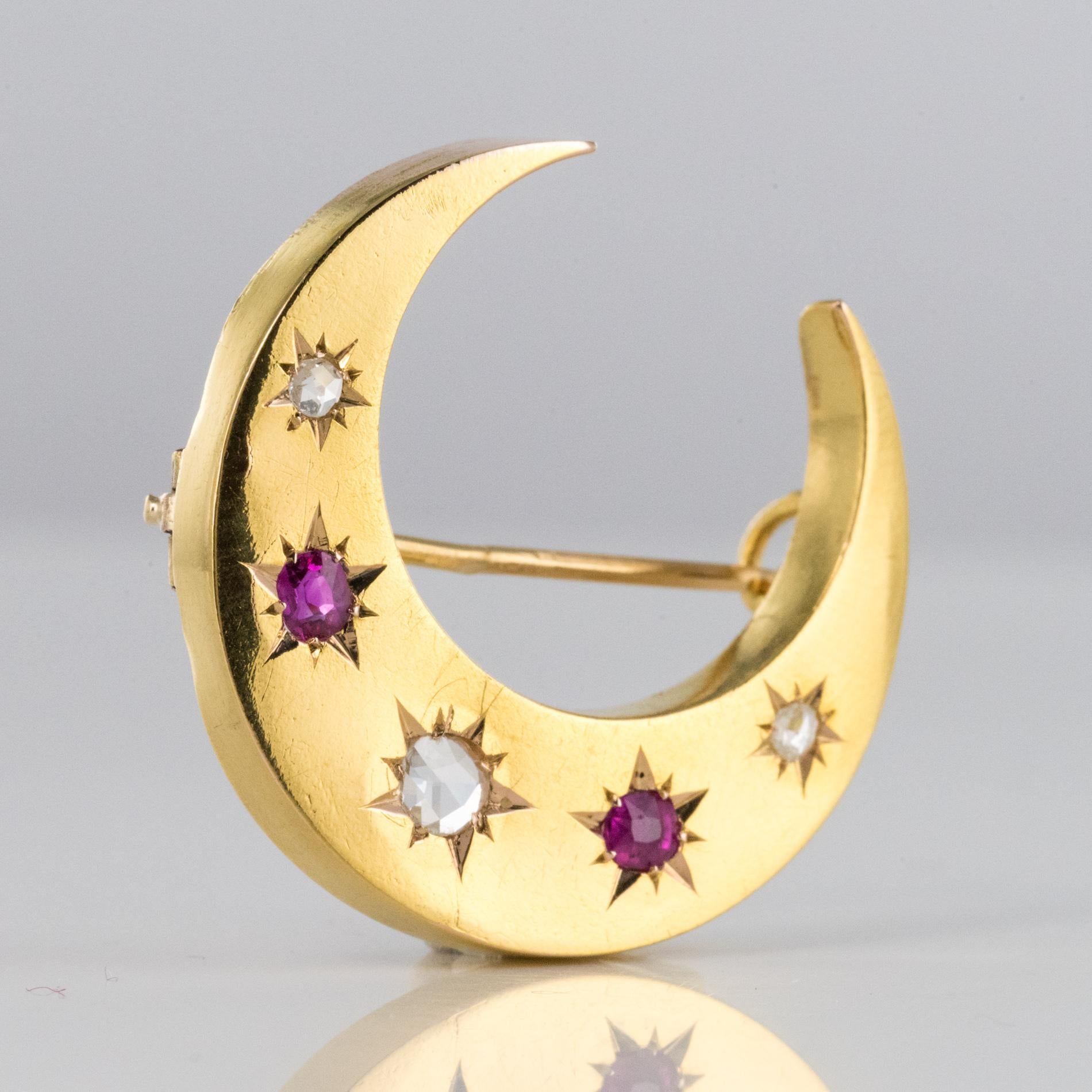 20th Century French Diamonds Ruby 18 Karat Yellow Gold Moon Brooch For Sale 3