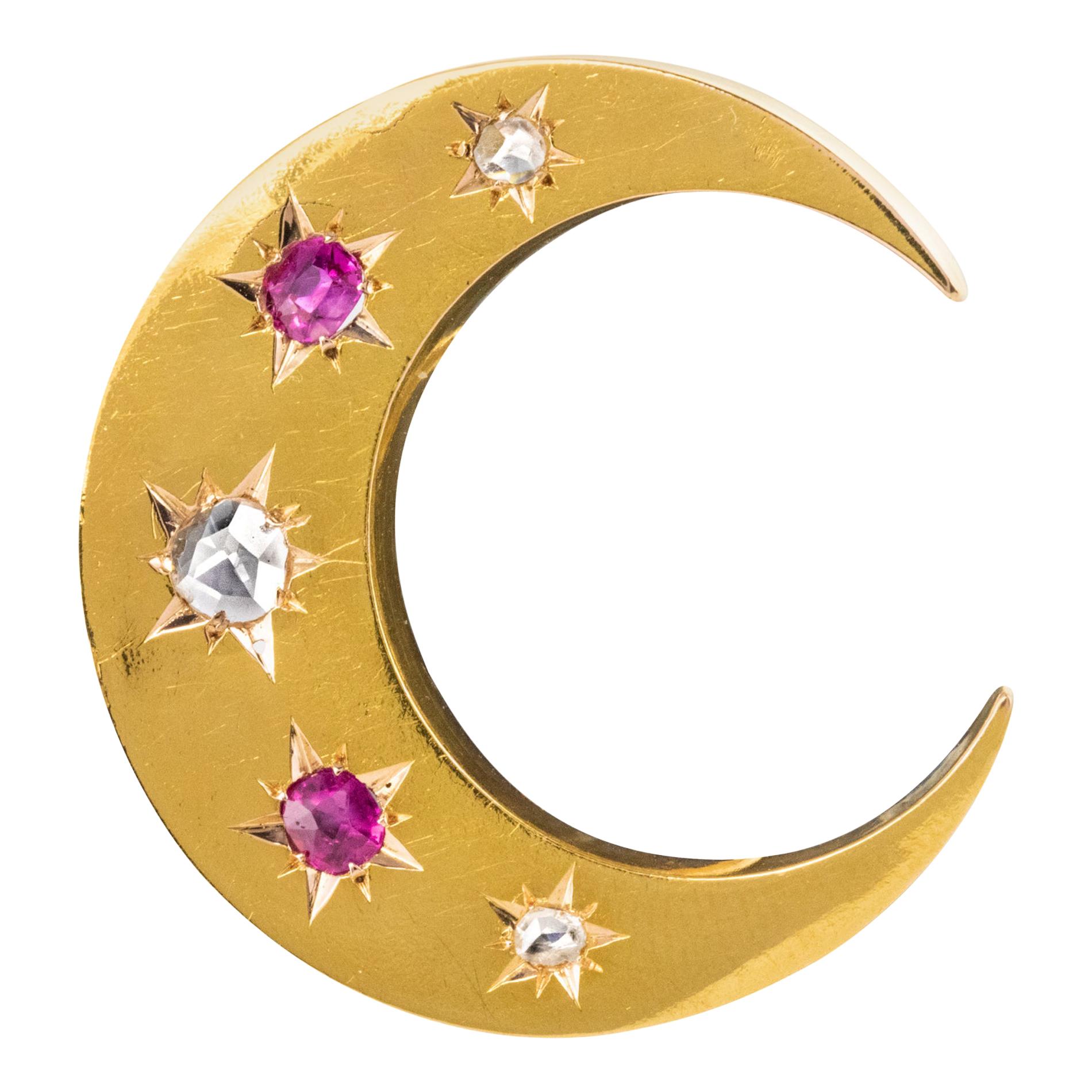 20th Century French Diamonds Ruby 18 Karat Yellow Gold Moon Brooch For Sale