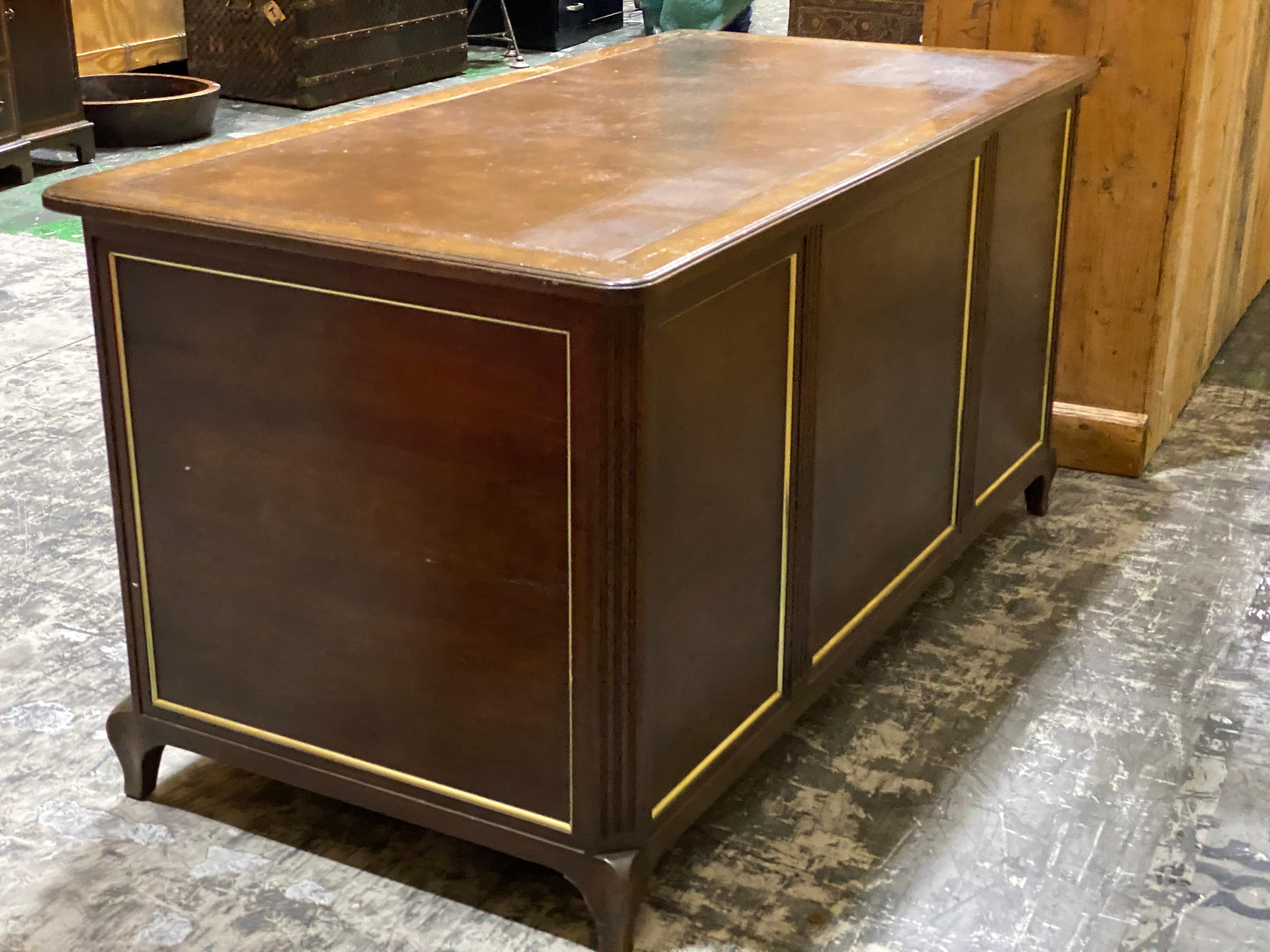 20th Century French Directoire Style Mahogany and Brass Writing Desk from W & J In Fair Condition For Sale In Southampton, NY