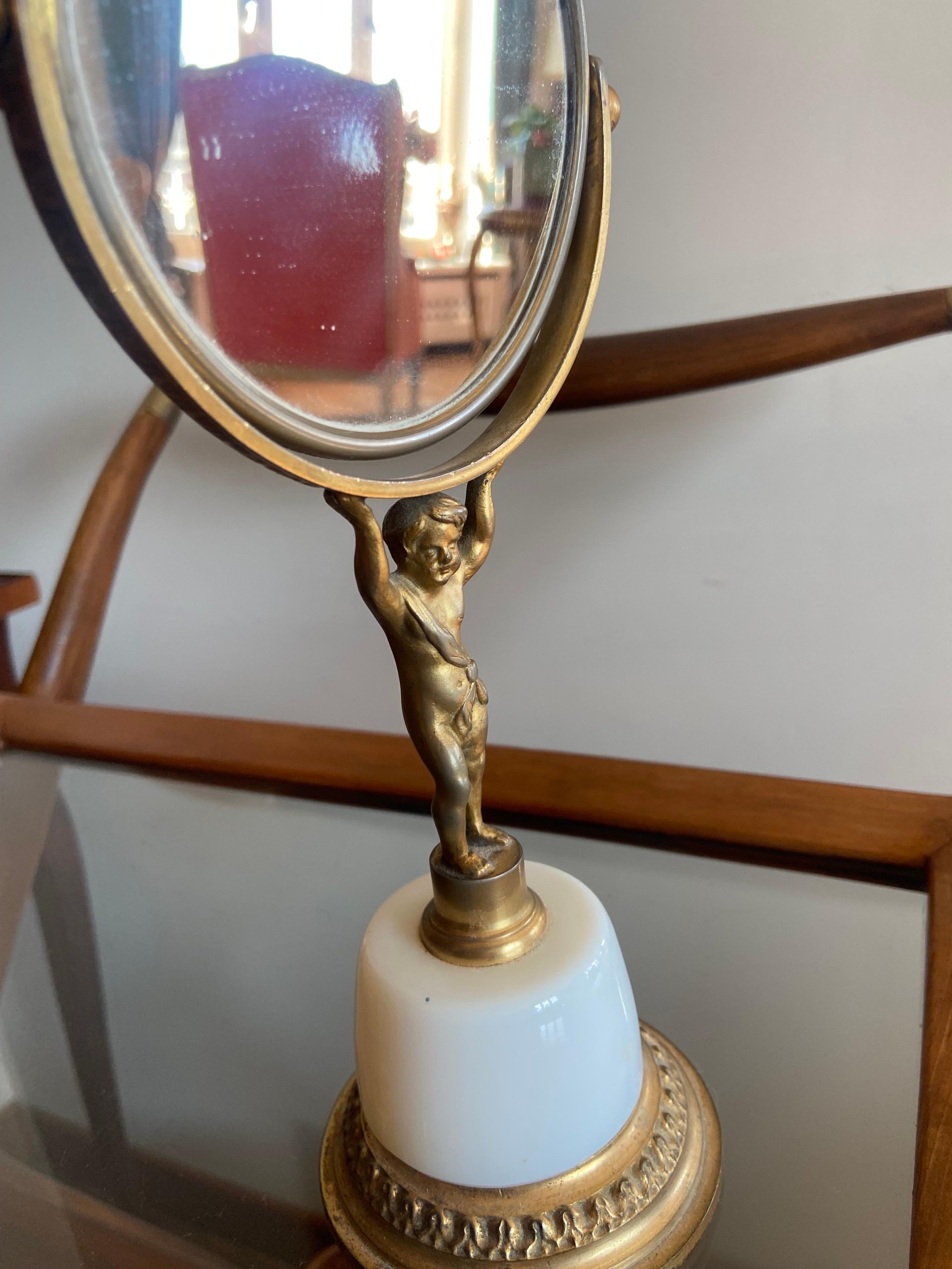 20th Century French Double Side Table Mirror in Gilded Bronze on Opalin Base In Good Condition For Sale In Sofia, BG