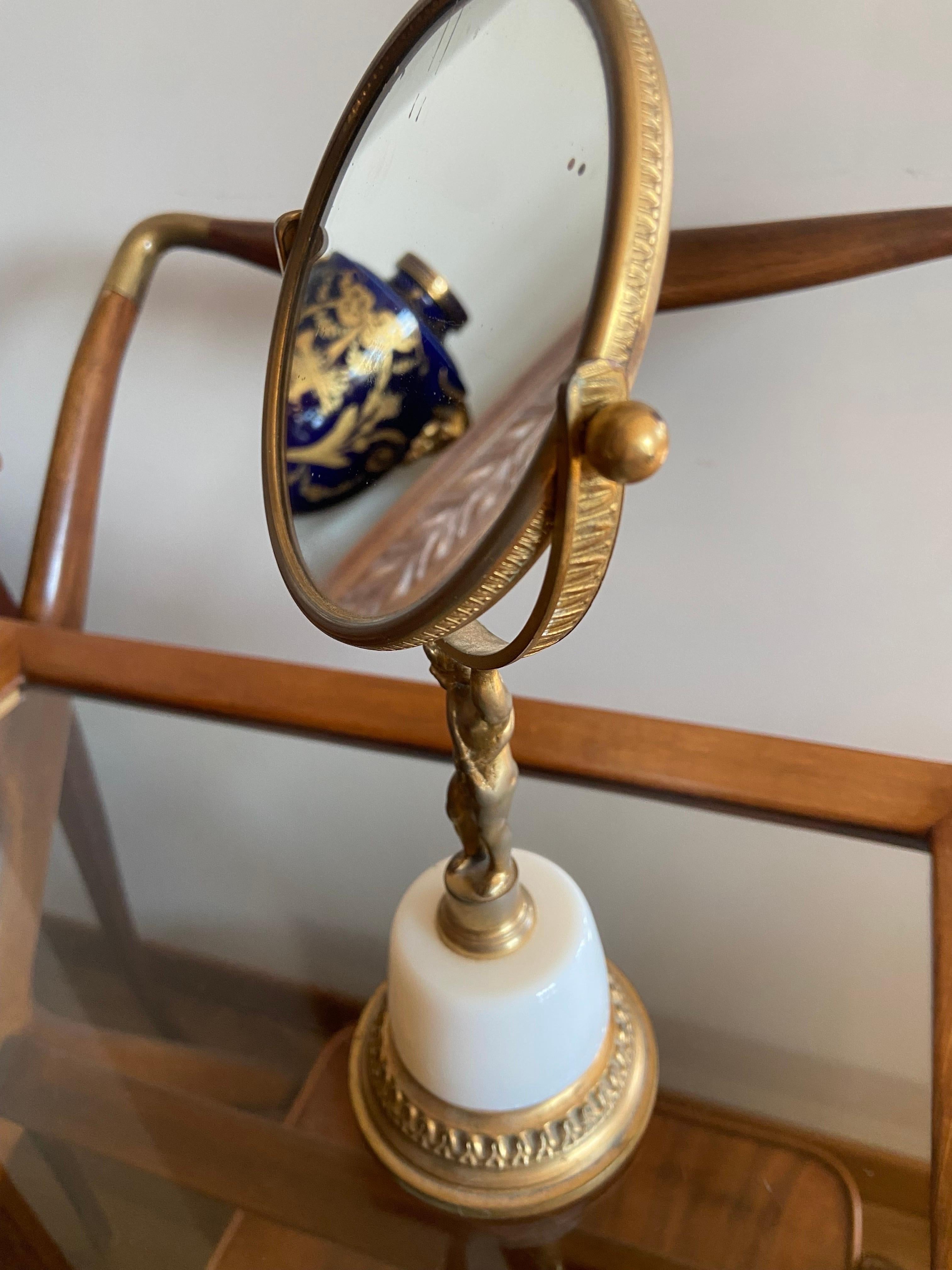 20th Century French Double Side Table Mirror in Gilded Bronze on Opalin Base For Sale 1