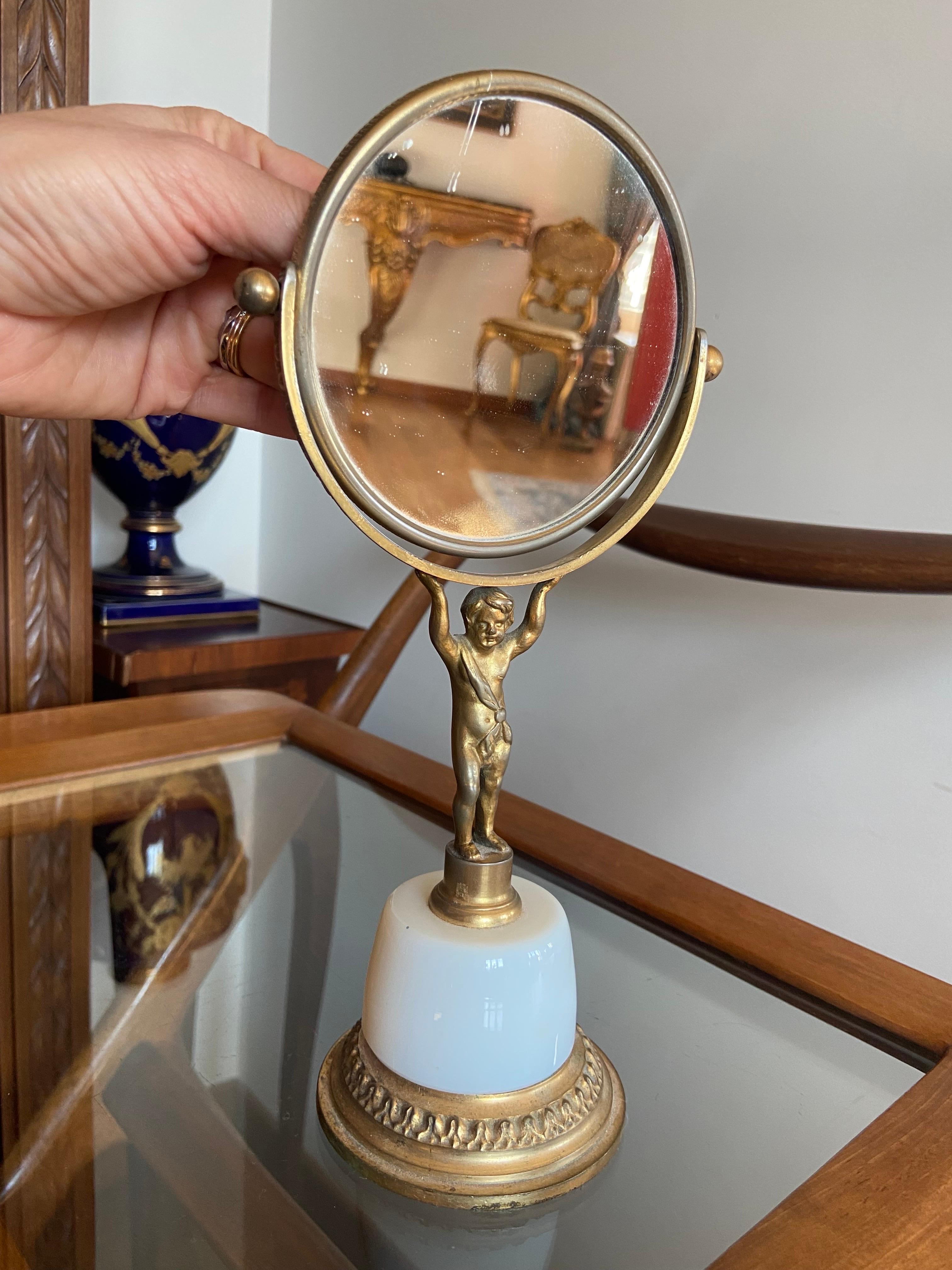 20th Century French Double Side Table Mirror in Gilded Bronze on Opalin Base For Sale 2