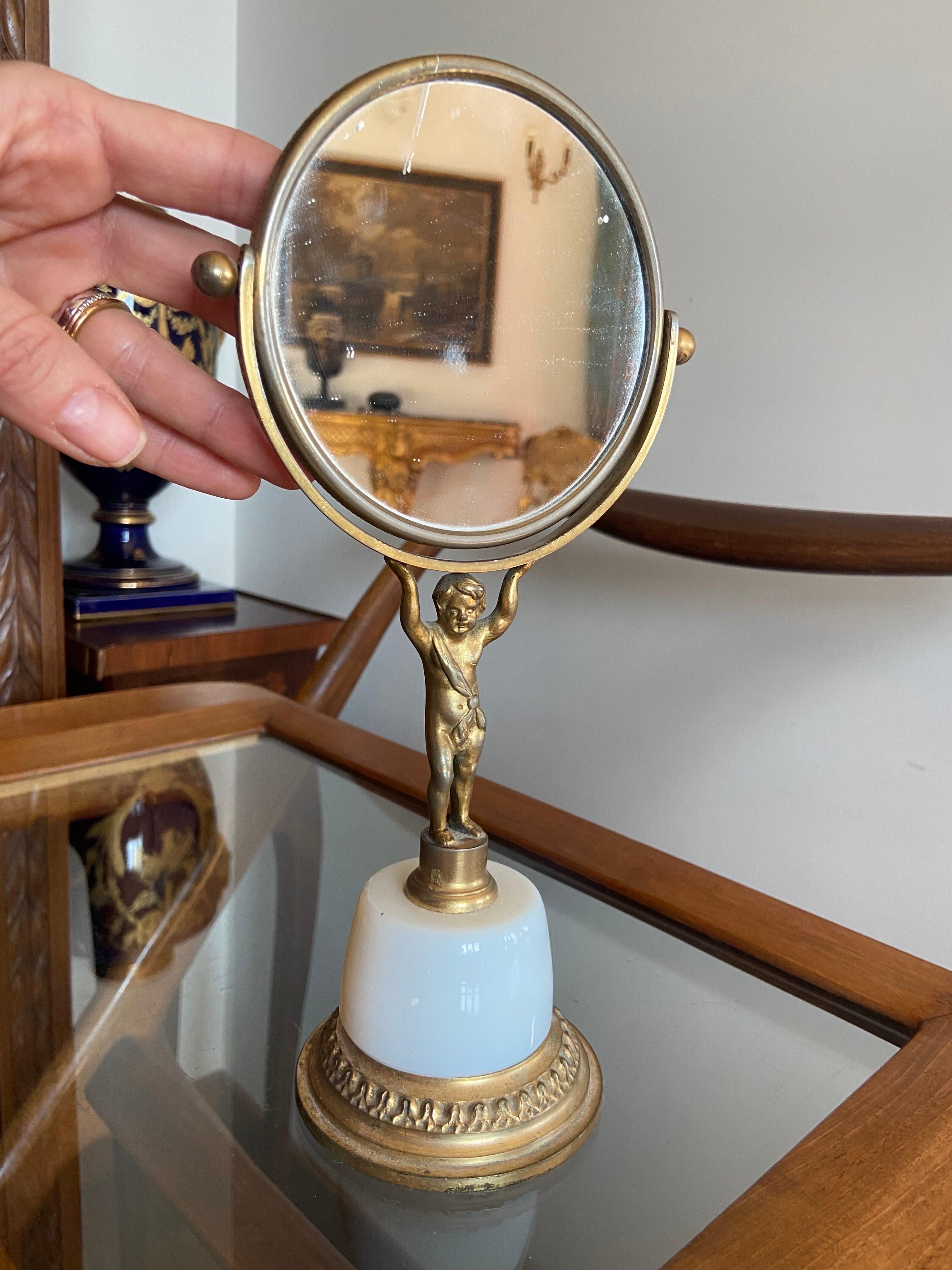 20th Century French Double Side Table Mirror in Gilded Bronze on Opalin Base For Sale 4