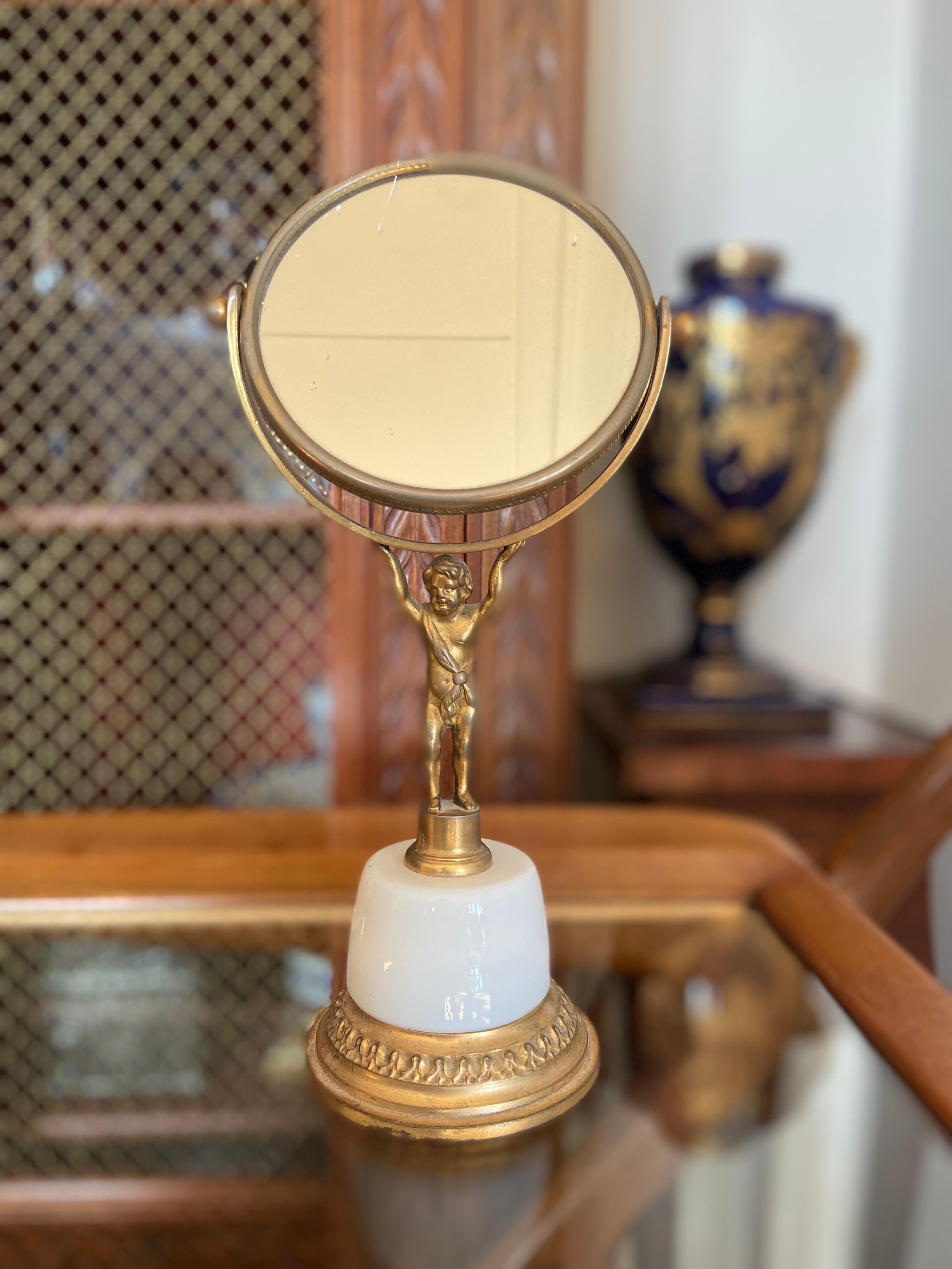 20th Century French Double Side Table Mirror in Gilded Bronze on Opalin Base For Sale 5