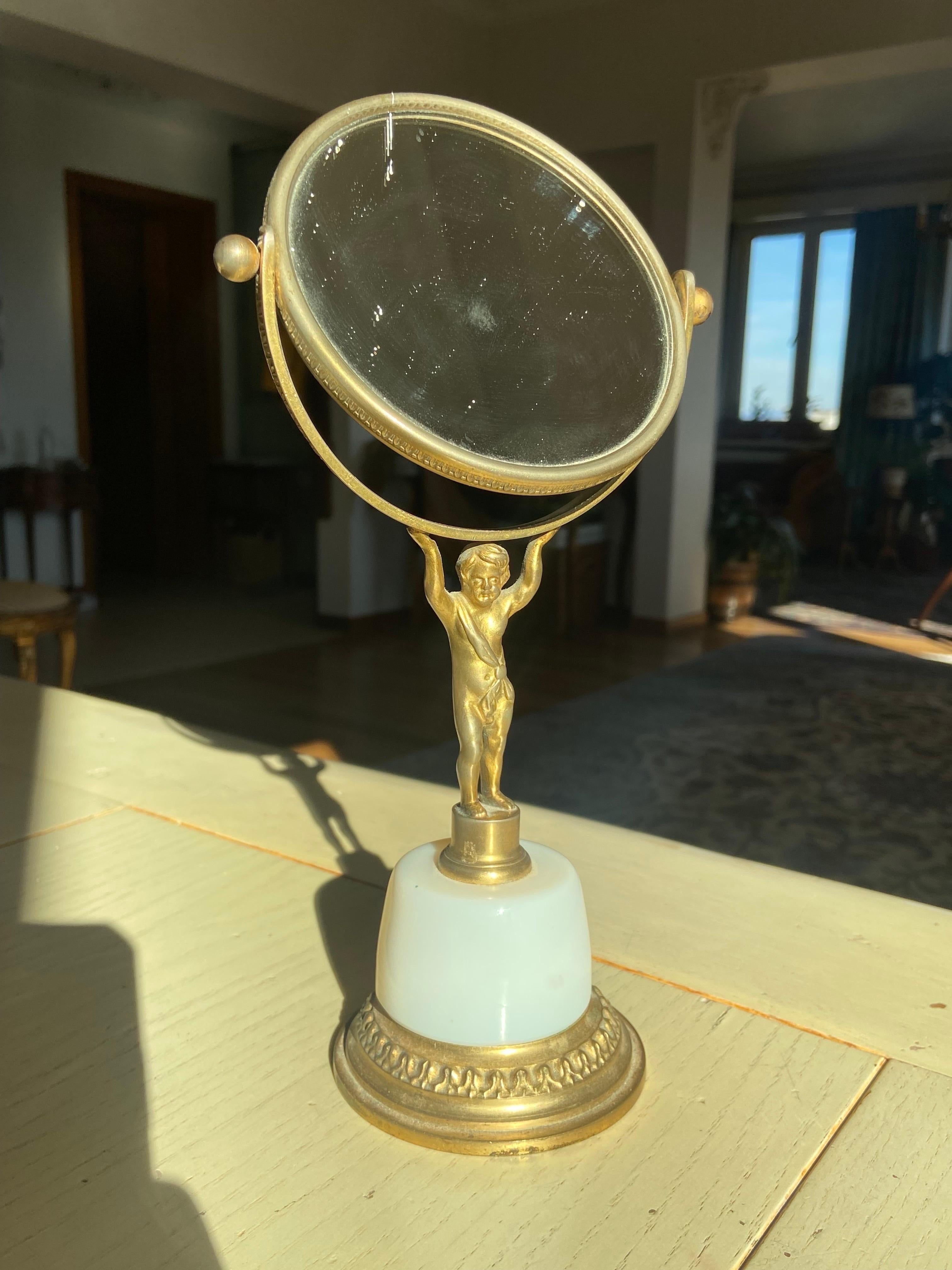20th Century French Double Side Table Mirror in Gilded Bronze on Opalin Base For Sale 6