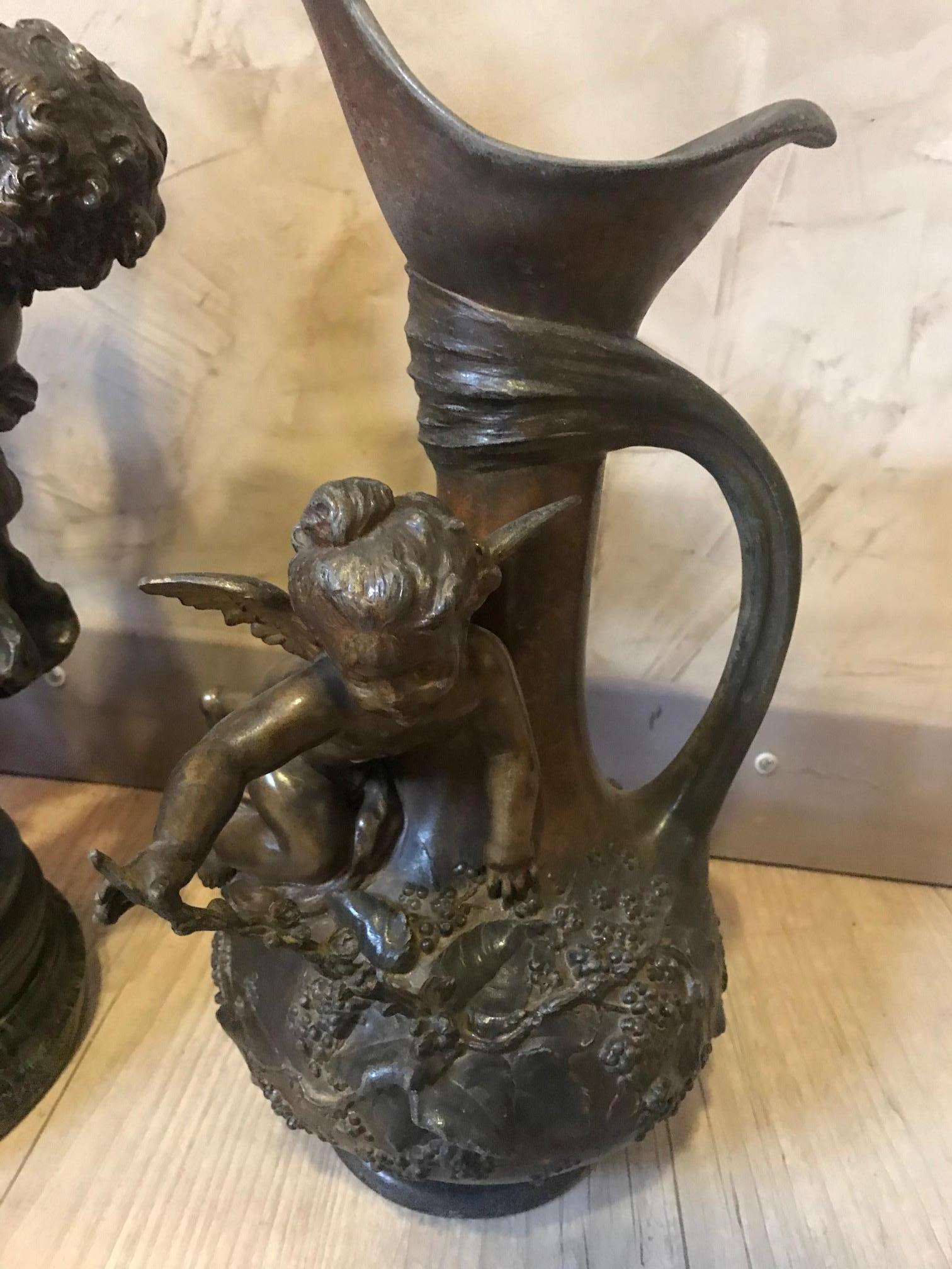 20th Century French Emile Bruchon Spelter Set of a Sculpture and Two Jars In Good Condition In LEGNY, FR