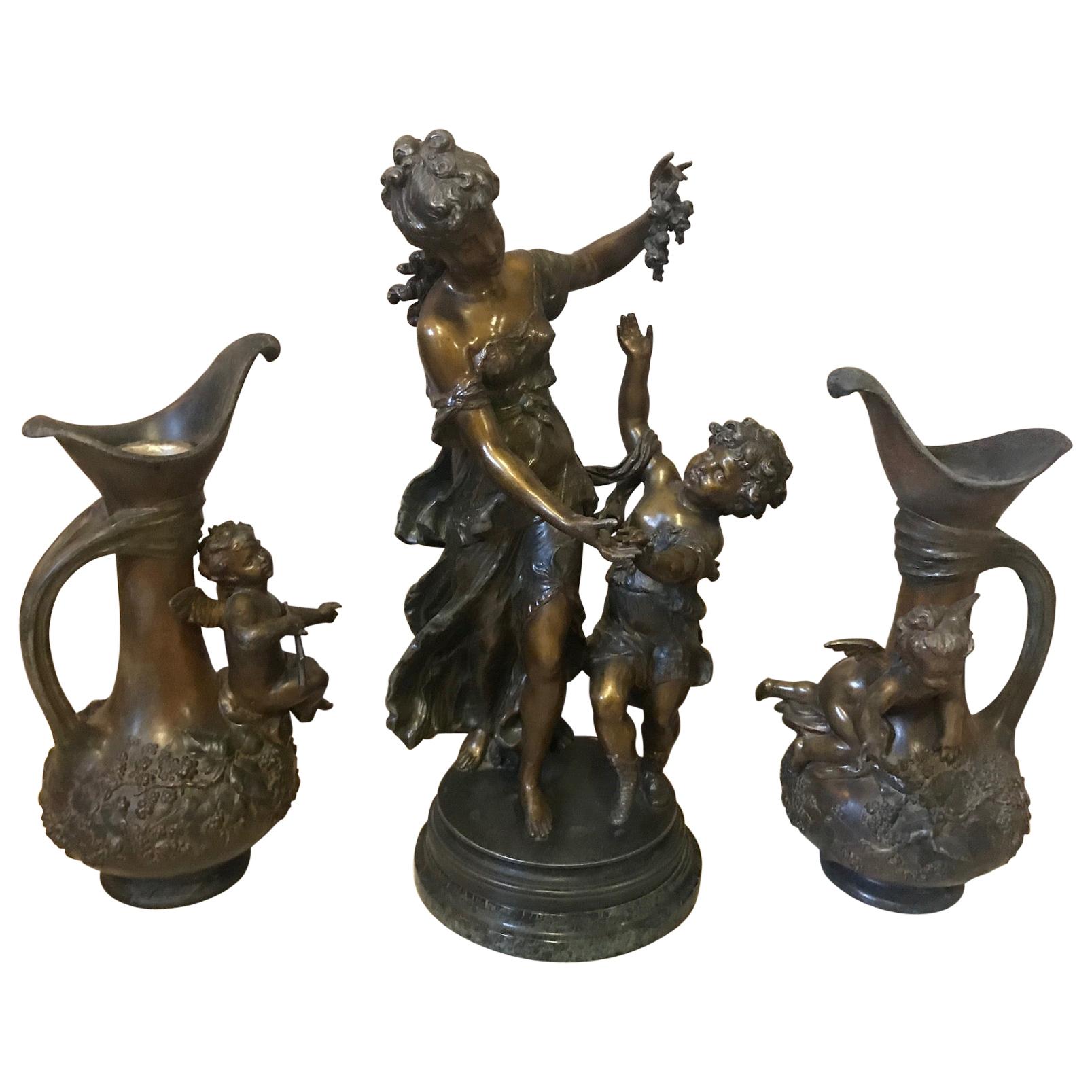 20th Century French Emile Bruchon Spelter Set of a Sculpture and Two Jars