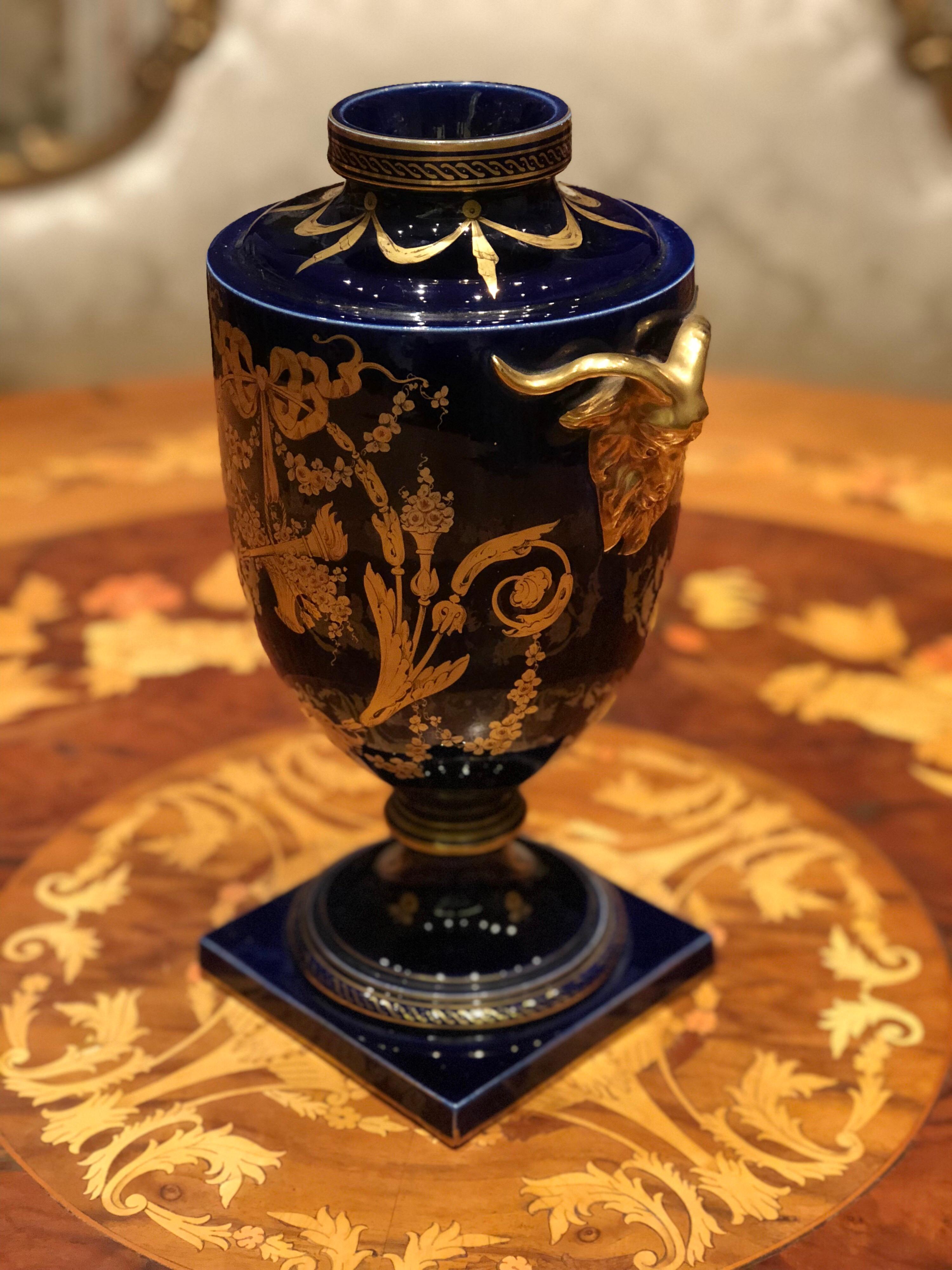 20th Century French Empire Blue Urn Vase with Gold Decoration, Jaget & Pinon In Good Condition For Sale In Sofia, BG