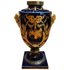 20th Century French Empire Blue Urn Vase with Gold Decoration, Jaget & Pinon