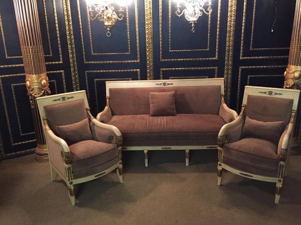 20th Century French antique Empire style set with Two Armchairs and sofa beech For Sale 5