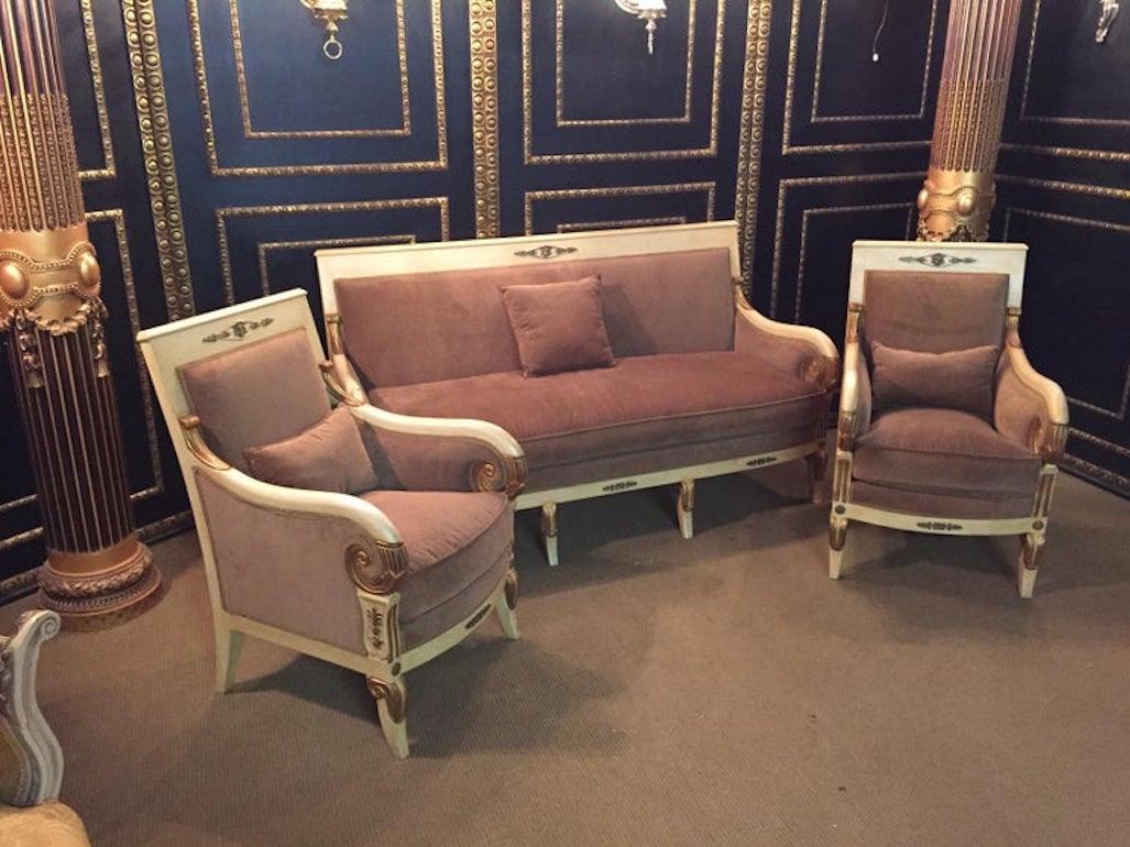 20th Century French antique Empire style set with Two Armchairs and sofa beech For Sale 8