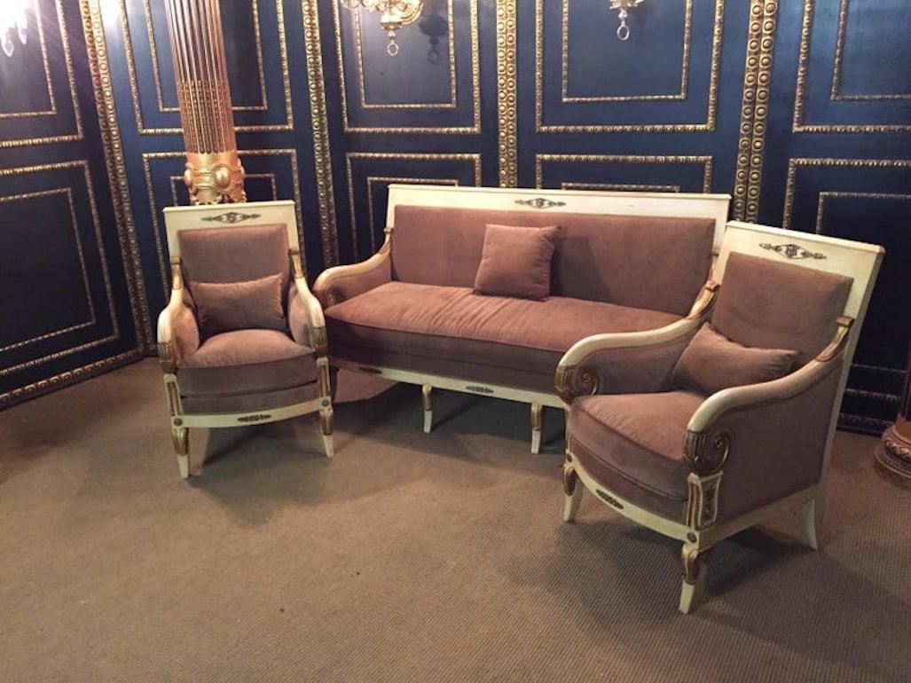 20th Century French antique Empire style set with Two Armchairs and sofa beech For Sale 12