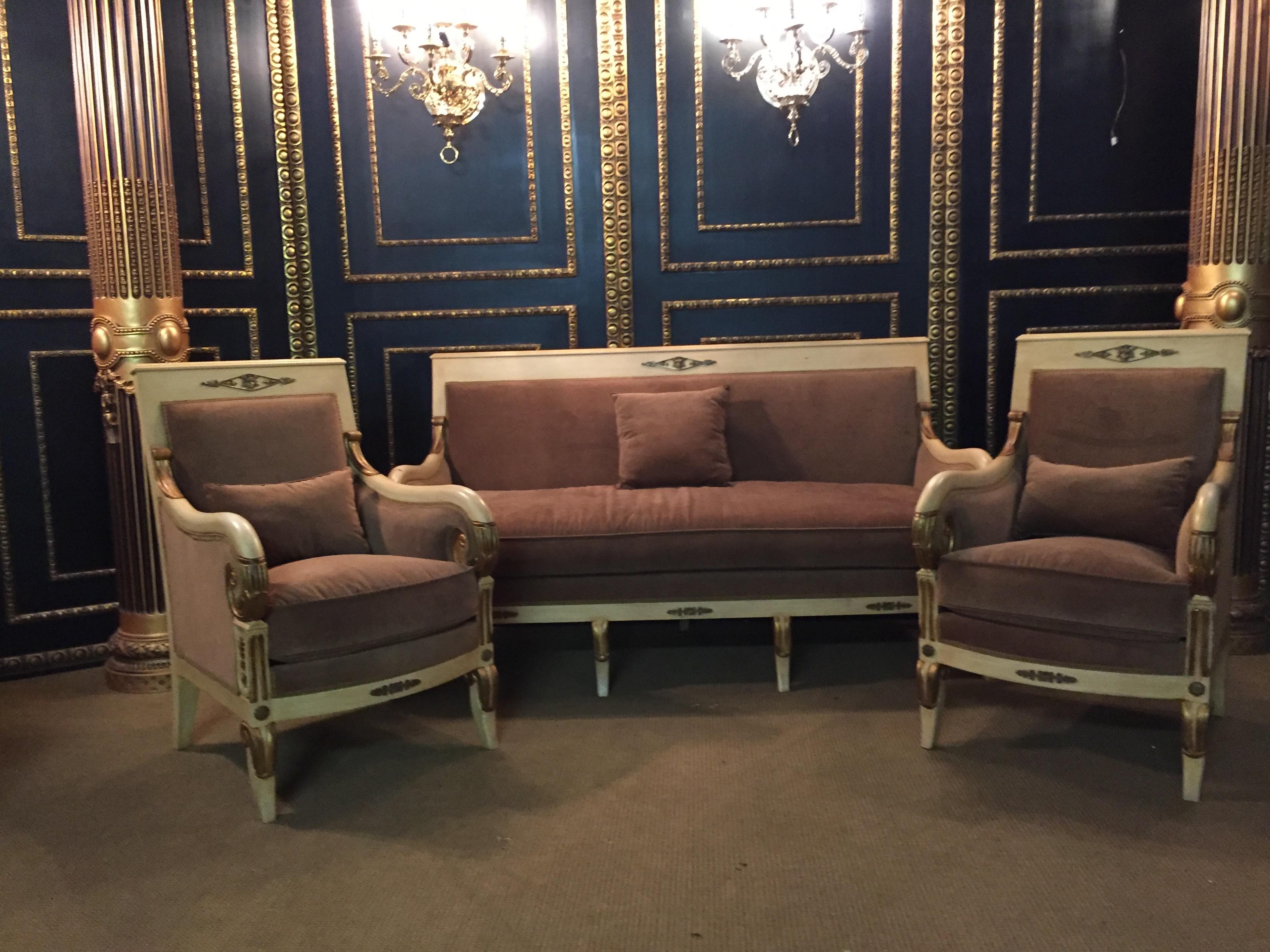 Hand-Carved 20th Century French Empire Salon Ameublement with Two Armchairs 