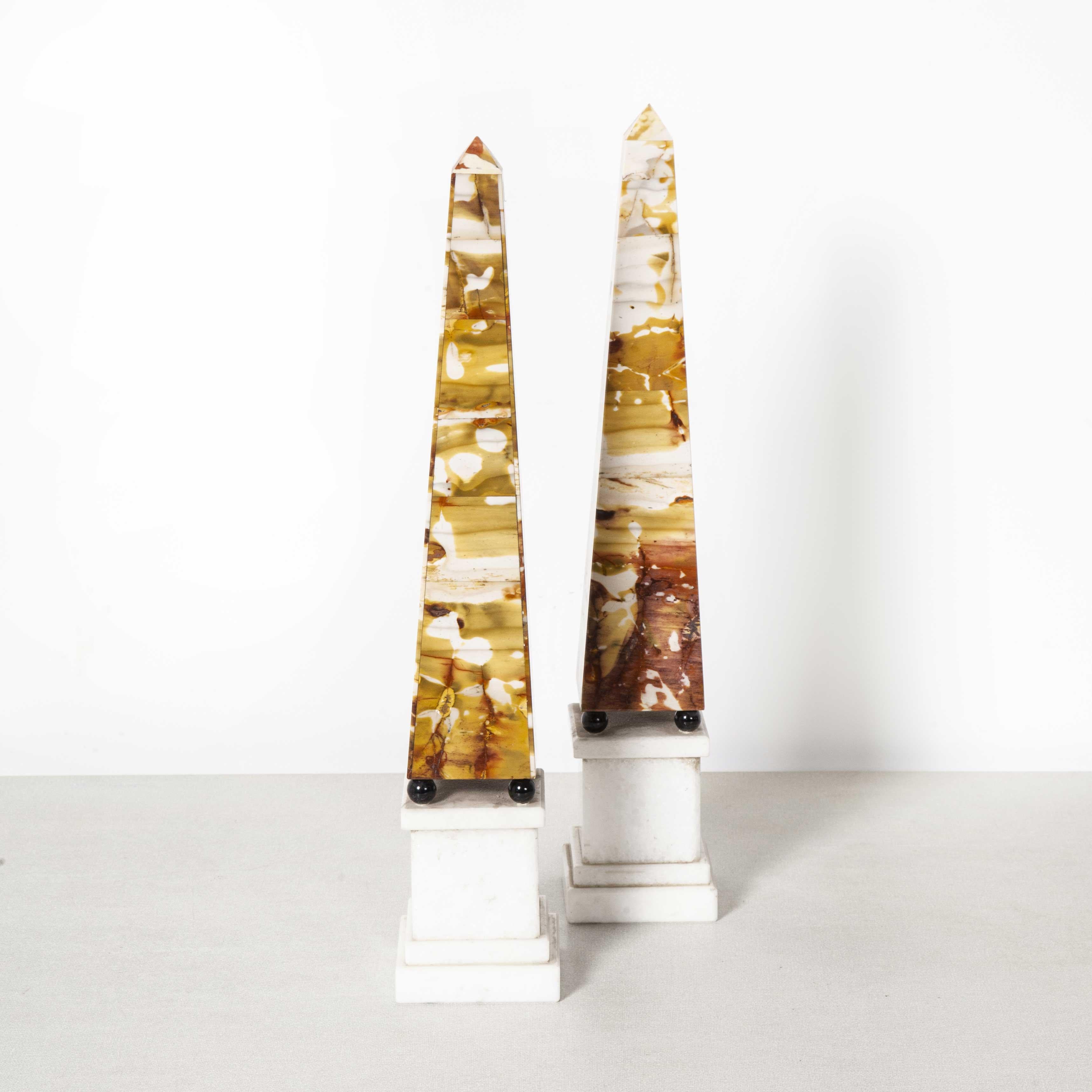 Marble Obelisks , Egyptian-Revival, with plinths and corner-globes - Pair of 3
