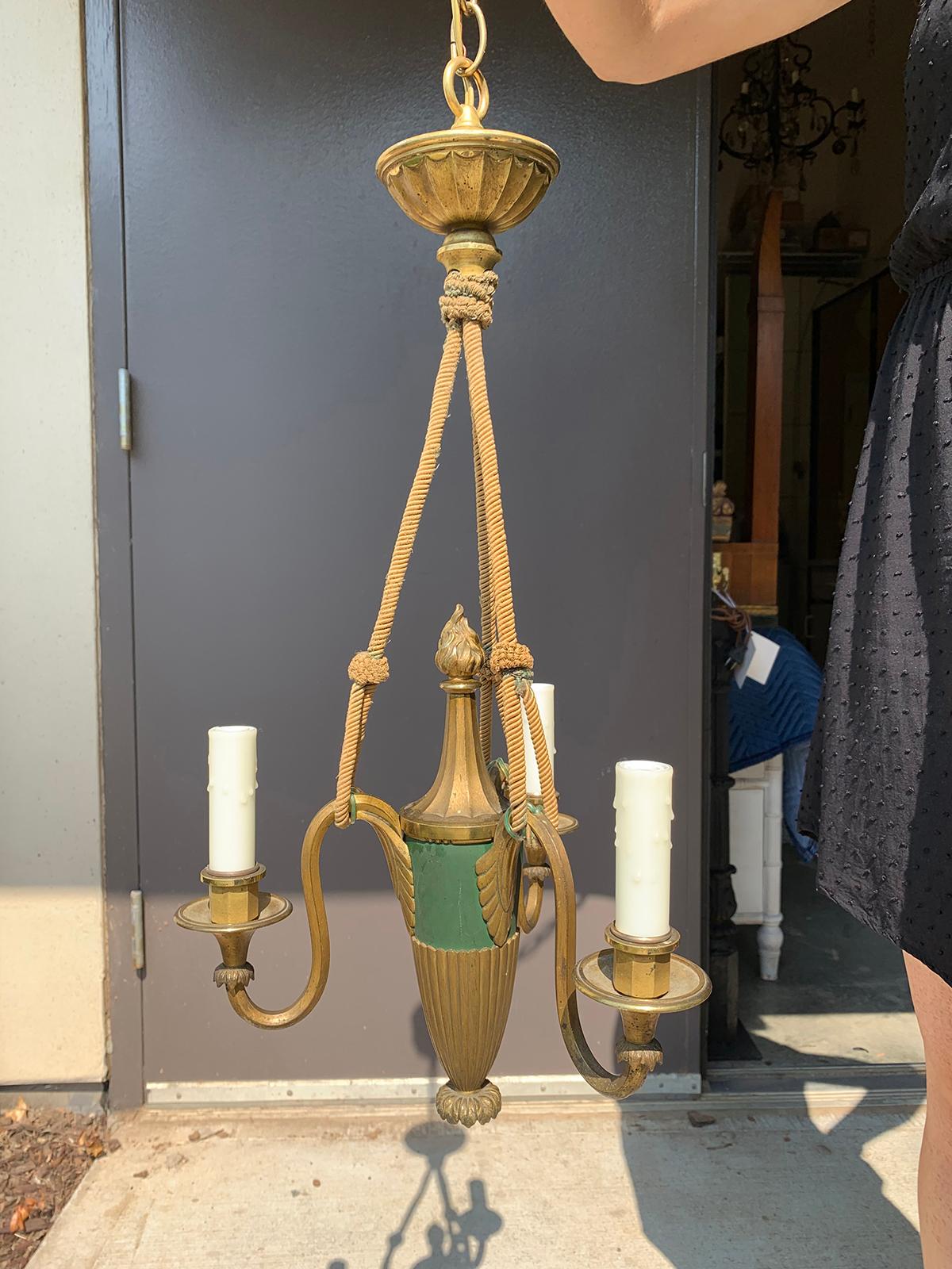 20th century French Empire style green painted and giltwood three-arm chandelier
Brand new wiring.