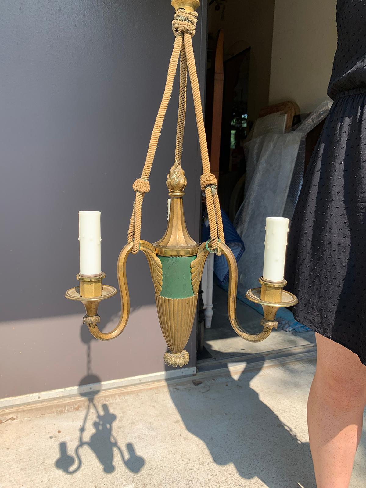 Hand-Painted 20th Century French Empire Style Green Painted & Giltwood Three-Arm Chandelier