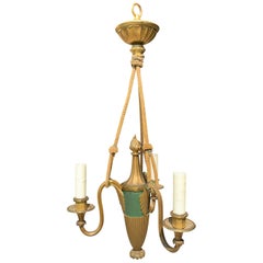 20th Century French Empire Style Green Painted & Giltwood Three-Arm Chandelier