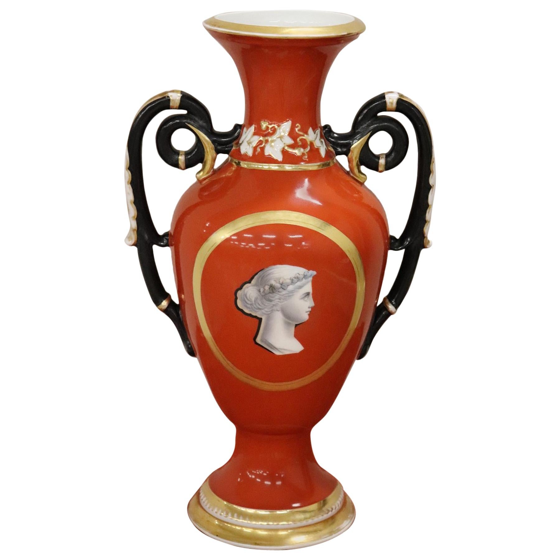20th Century French Empire Style Hand Painted Red Ceramic Amphora Vase, 1920s
