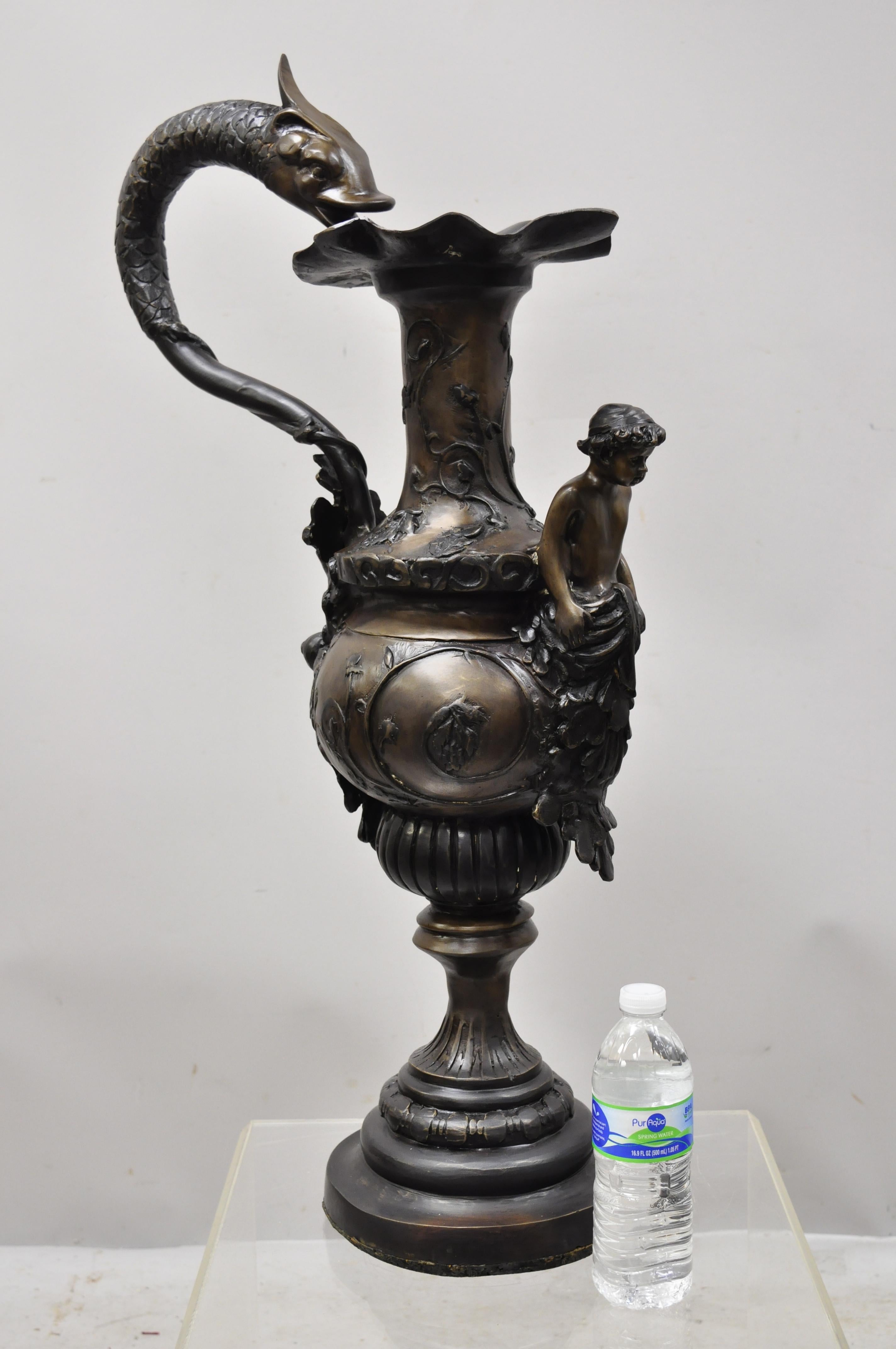 20th Century French Empire Style Large Figural Bronze Urn Ewer Vase with Cherub 7