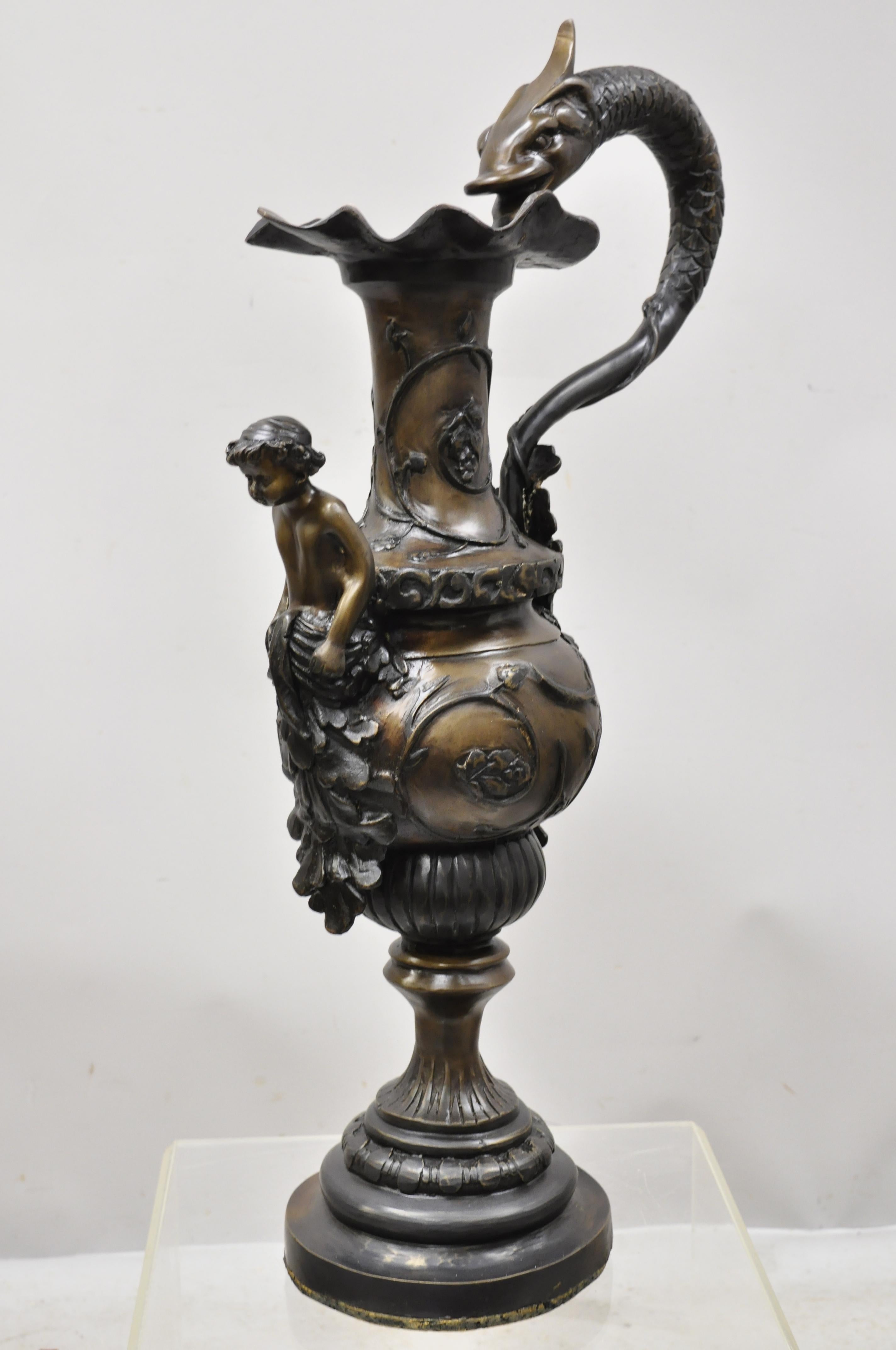 20th Century French Empire Style Large Figural Bronze Urn Ewer Vase with Cherub 3