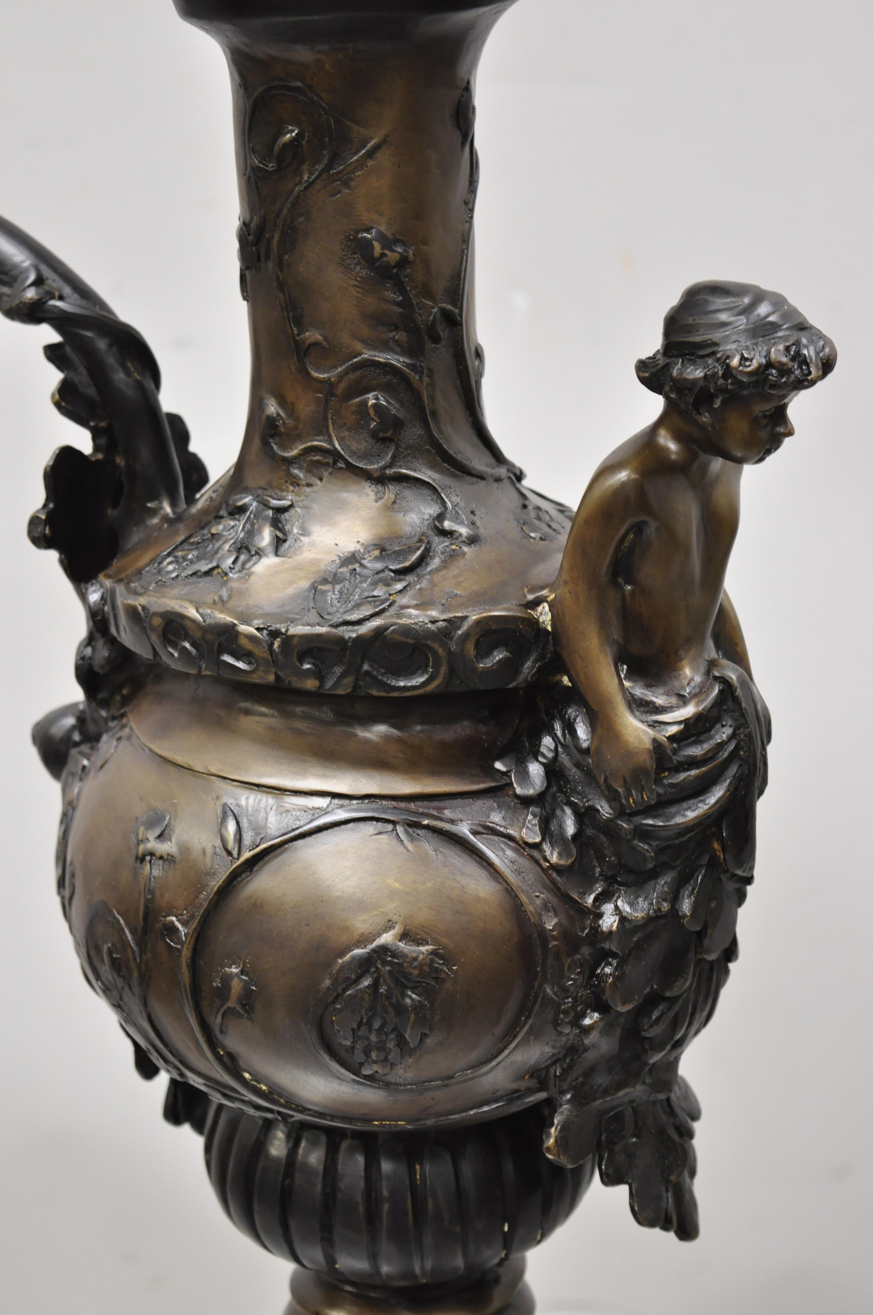 20th Century French Empire Style Large Figural Bronze Urn Ewer Vase with Cherub 4