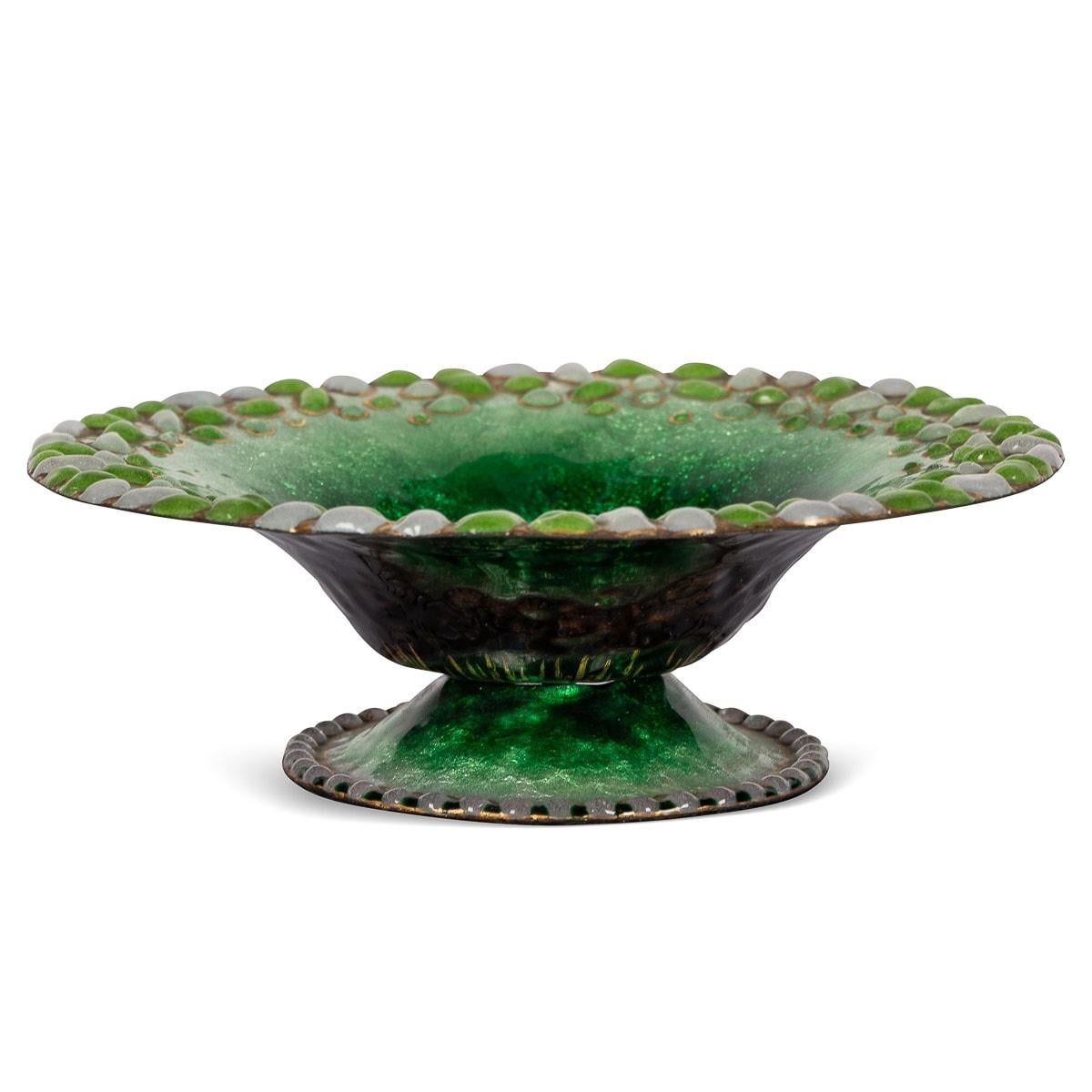 Mid-20th French enamel bowl by Duban et Christel, Limoges. This beautiful, yet small enamelled bowl is in the shallow flared form, the centre well in deep emerald-green with an ombre finish to a lighter green, surrounded by raindrop reliefs with