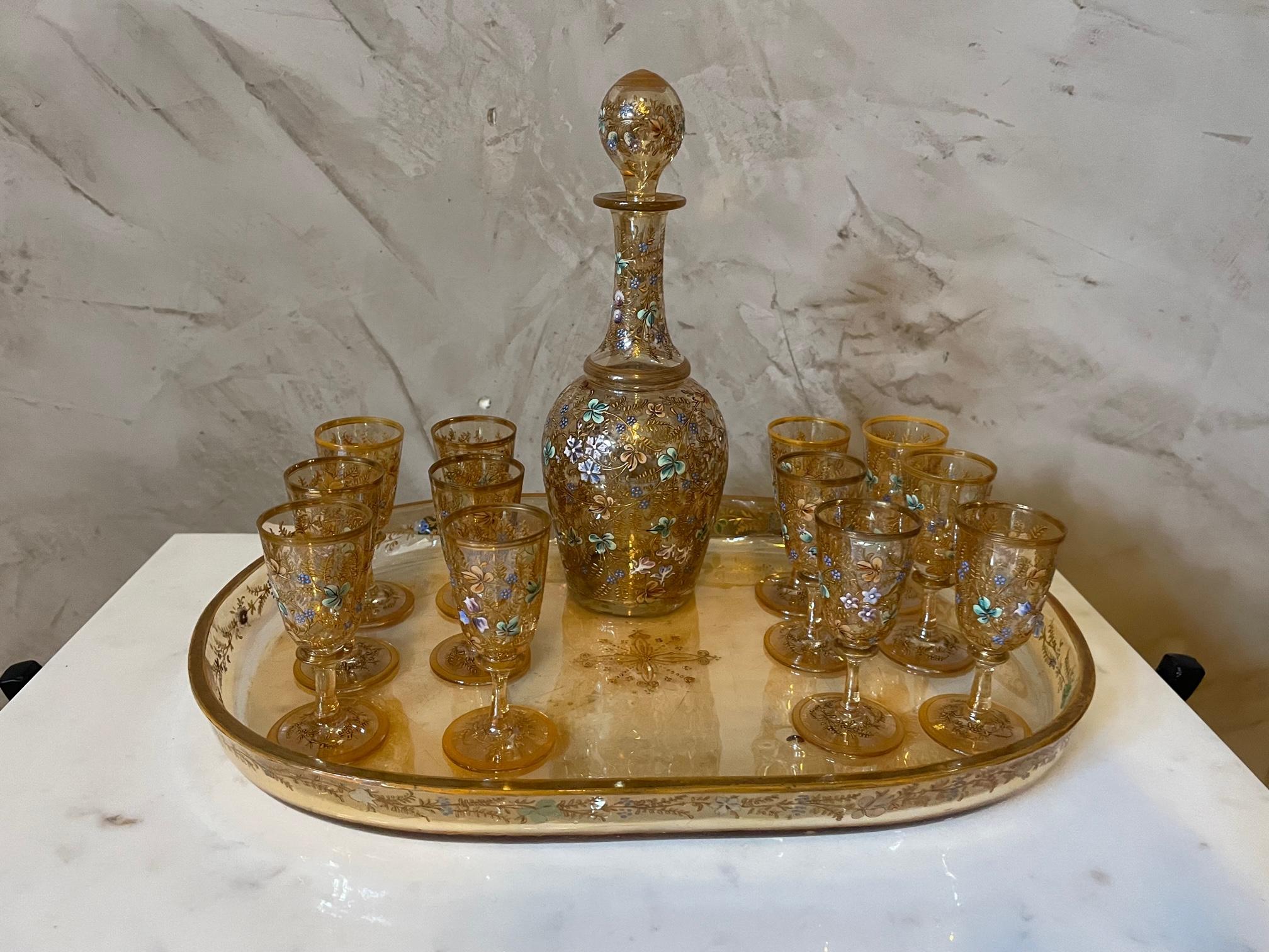 20th Century French Enameled Glass Liquor Service with Tray, 1900s 8