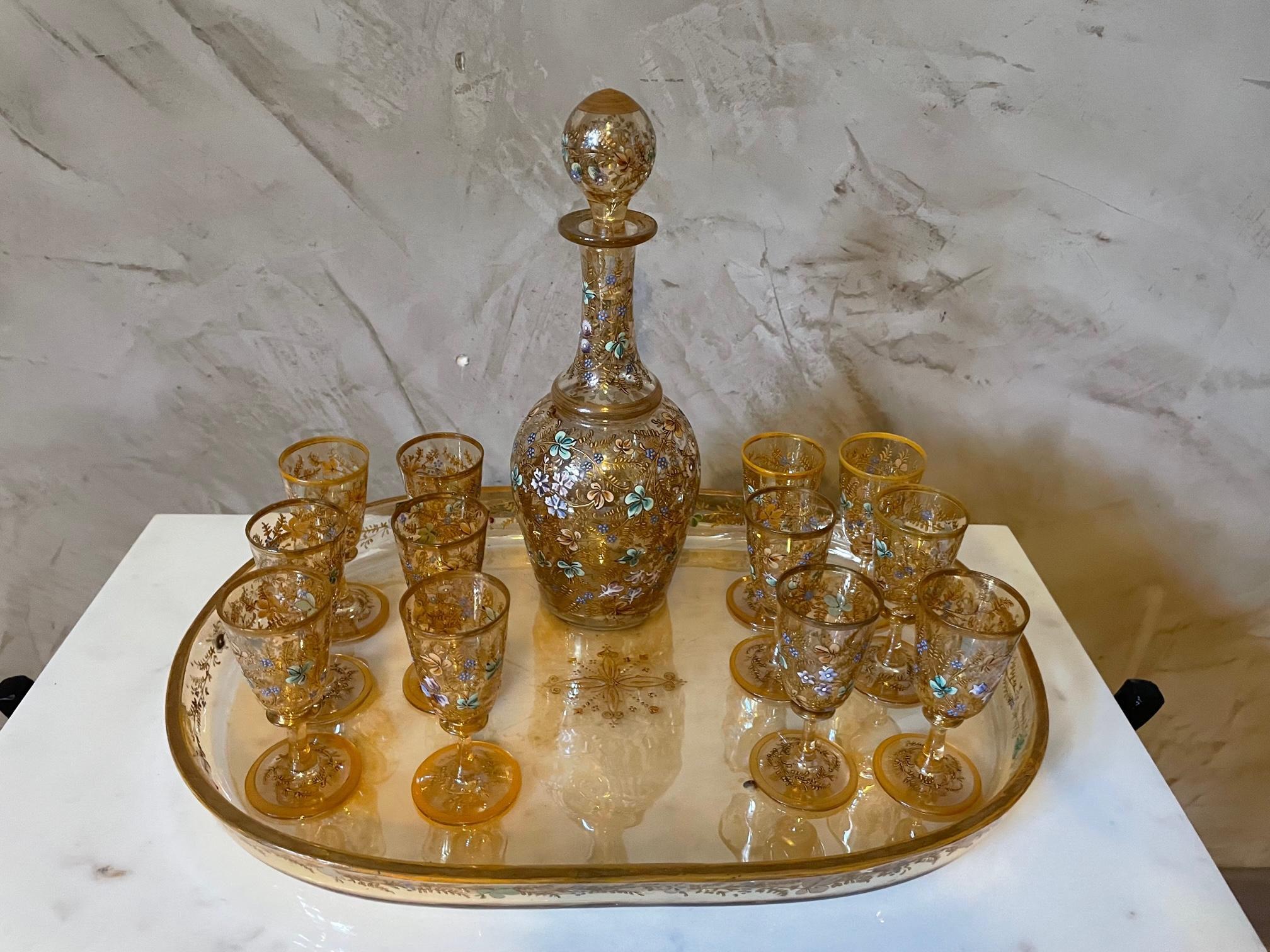 20th Century French Enameled Glass Liquor Service with Tray, 1900s 9