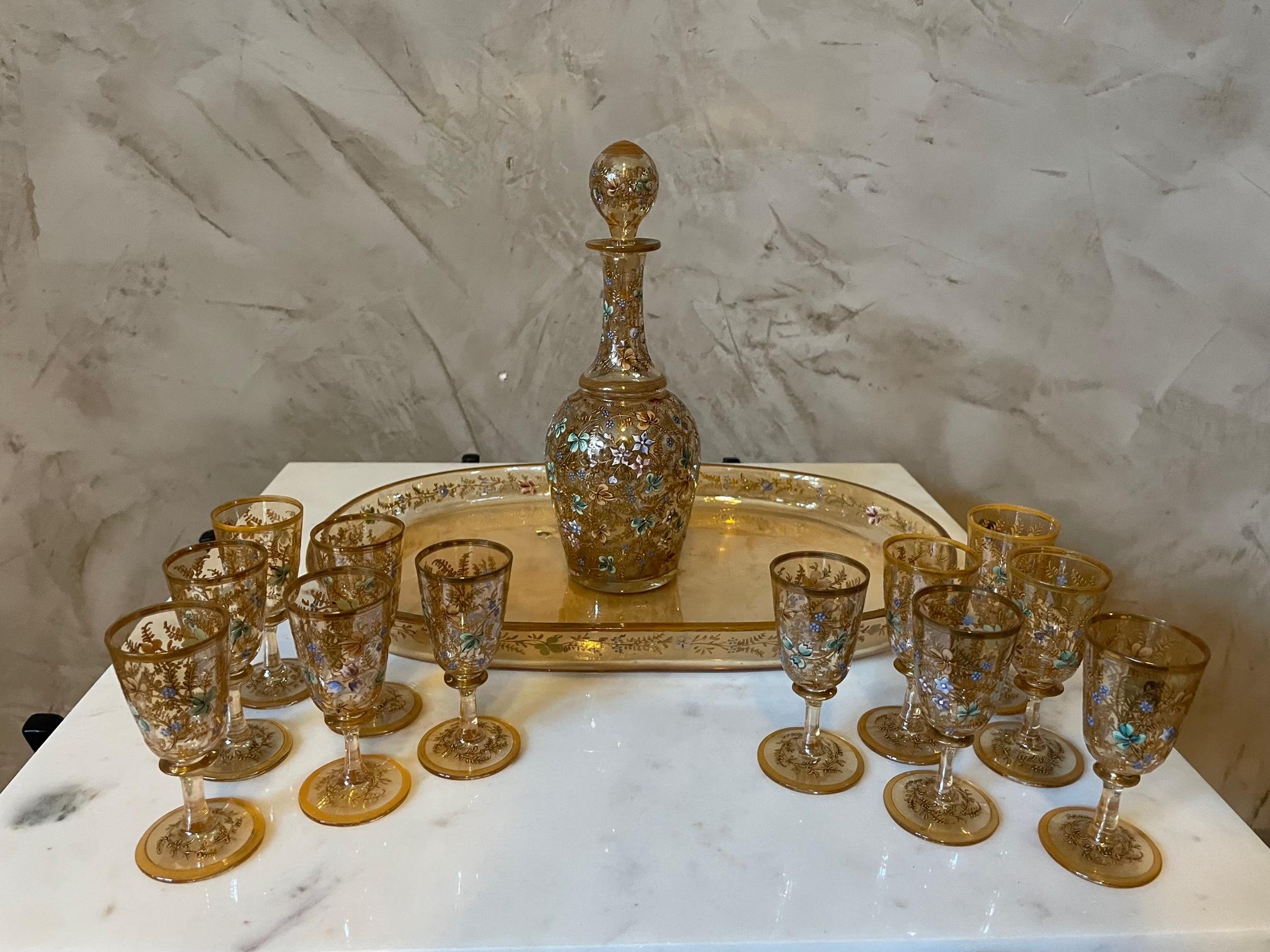 20th Century French Enameled Glass Liquor Service with Tray, 1900s 1