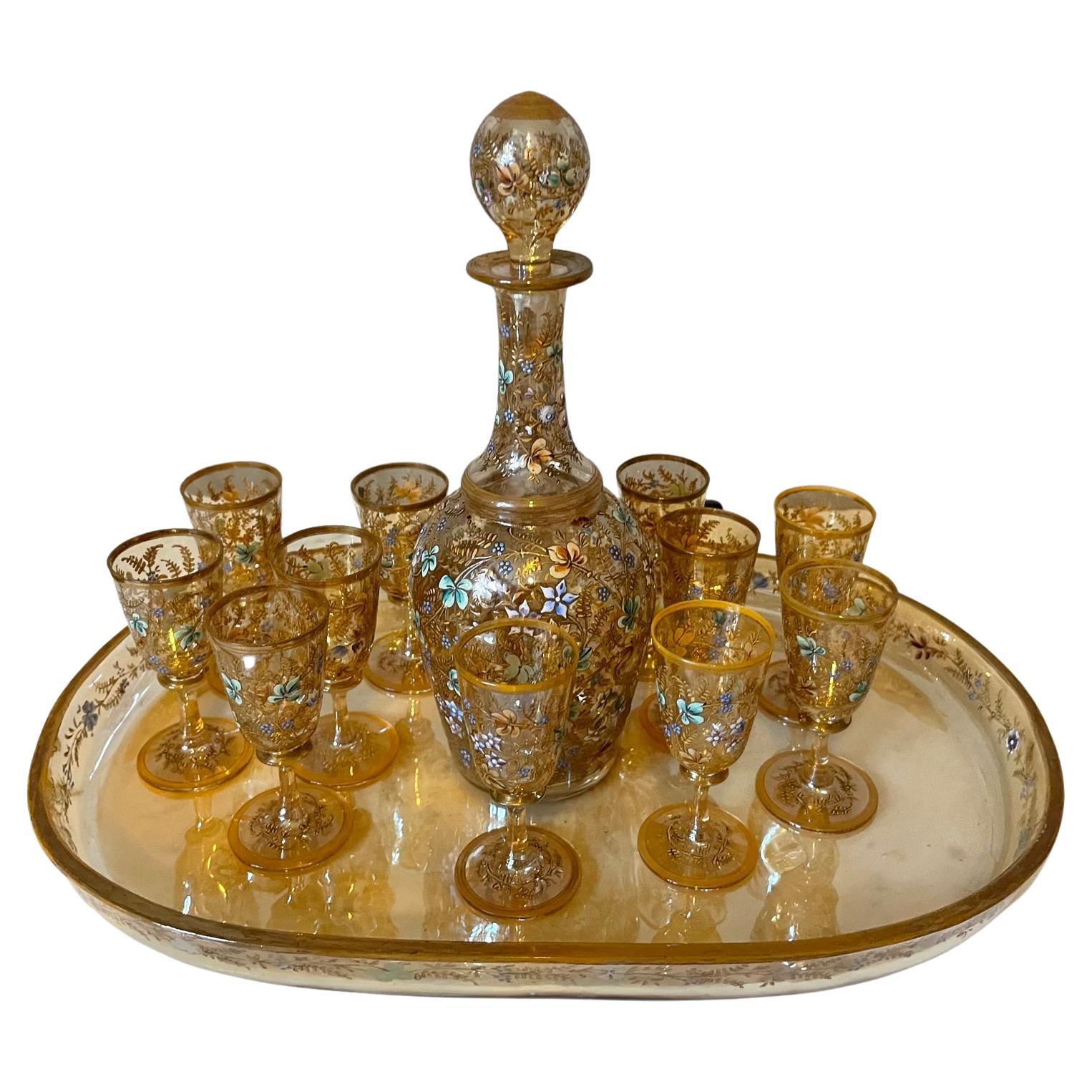 20th Century French Enameled Glass Liquor Service with Tray, 1900s