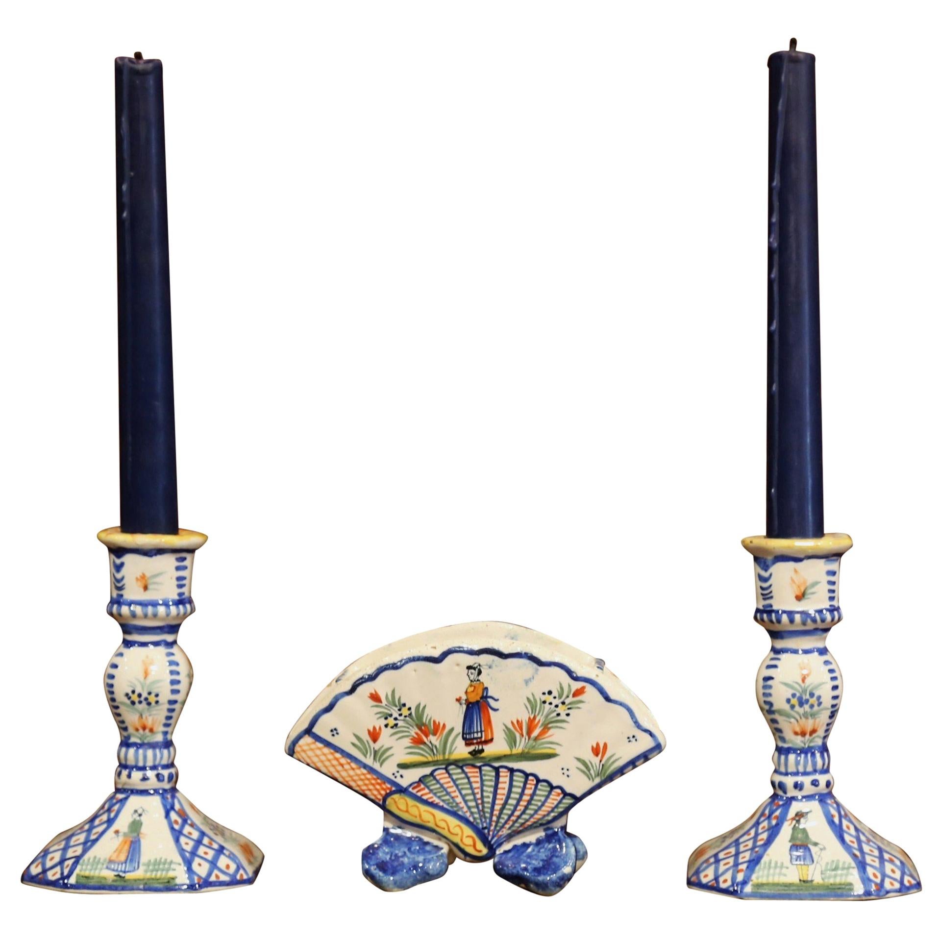 20th Century French Faience Pair of Candlesticks with Vase from Henriot Quimper