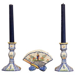 Vintage 20th Century French Faience Pair of Candlesticks with Vase from Henriot Quimper