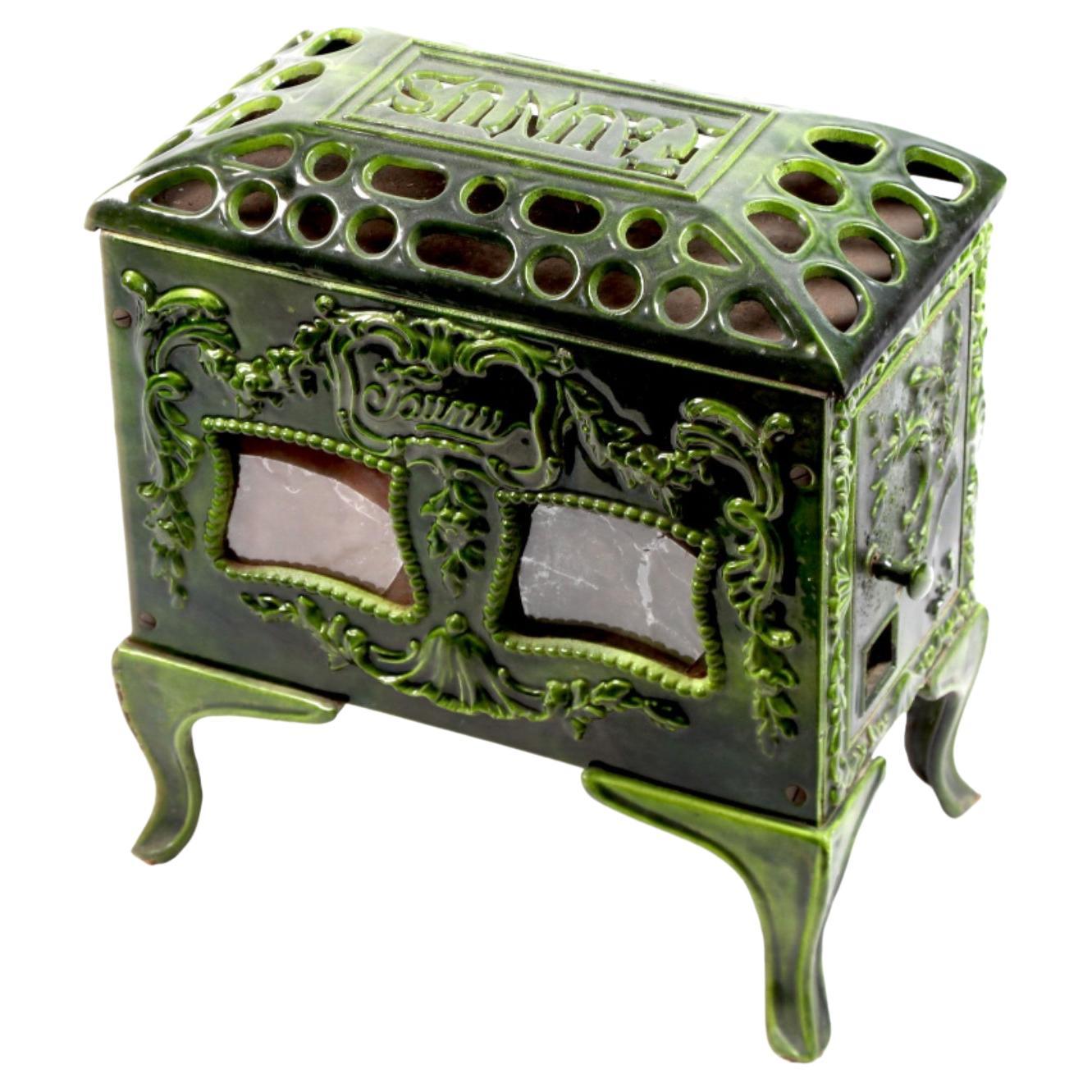20th Century French Faunus Wood Stove in Green Ceramic with Great Decoration For Sale