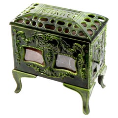 Retro 20th Century French Faunus Wood Stove in Green Ceramic with Great Decoration