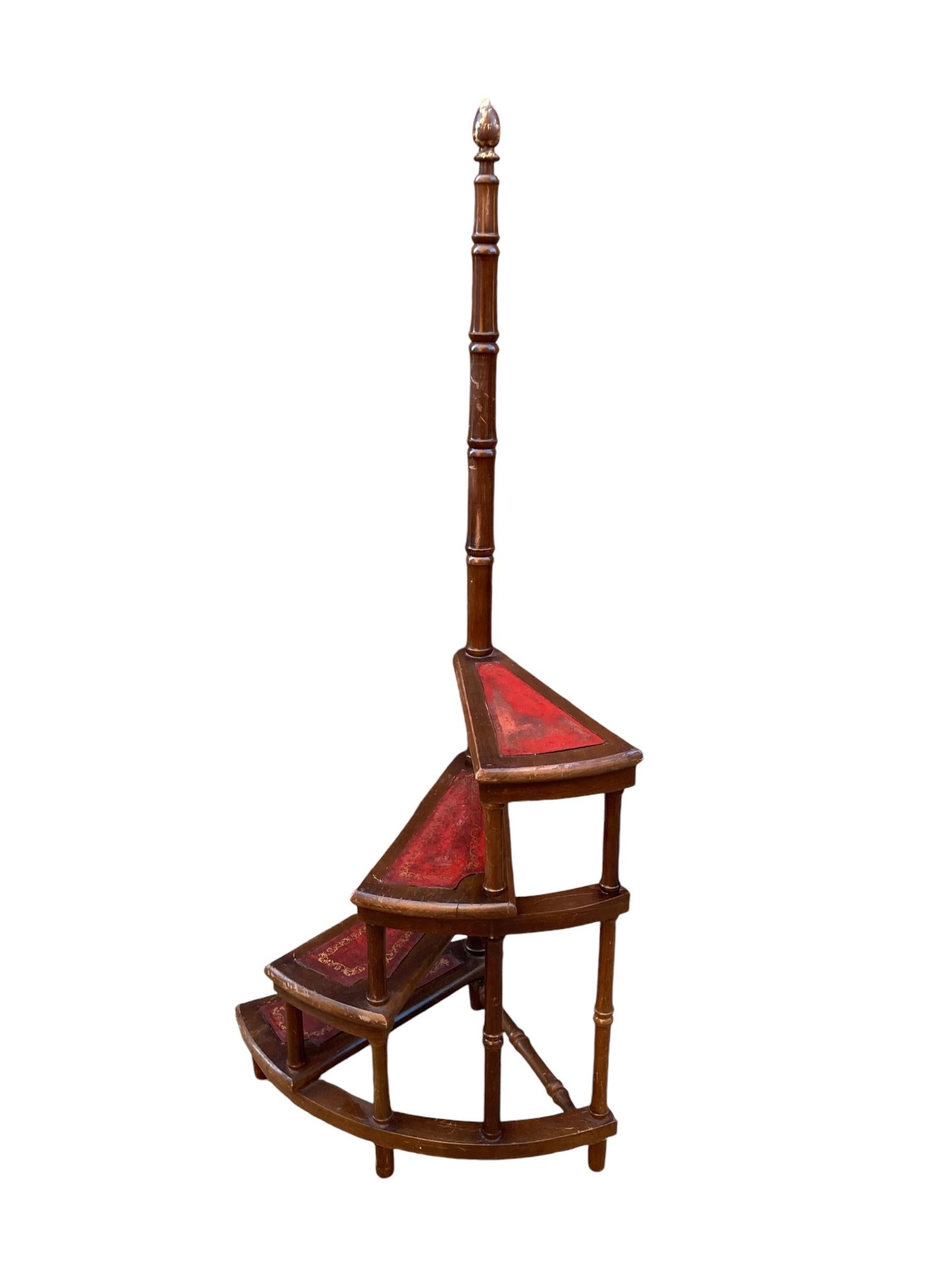 Mahogany 20th Century French faux bamboo wood and leather library steps