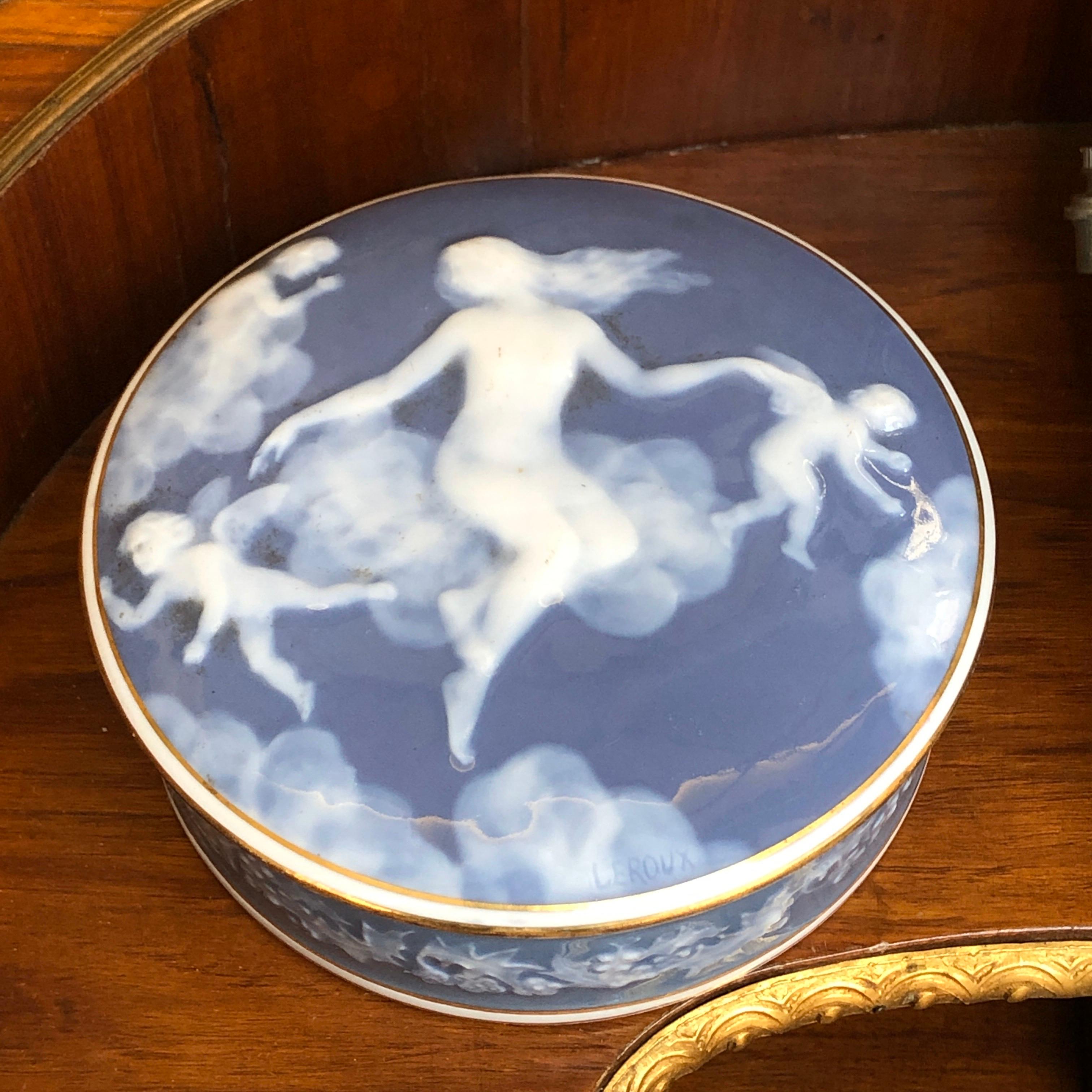 20th Century French Fine Porcelain Blue Chocolate Box by Limoge Signed Leroux In Good Condition For Sale In Sofia, BG