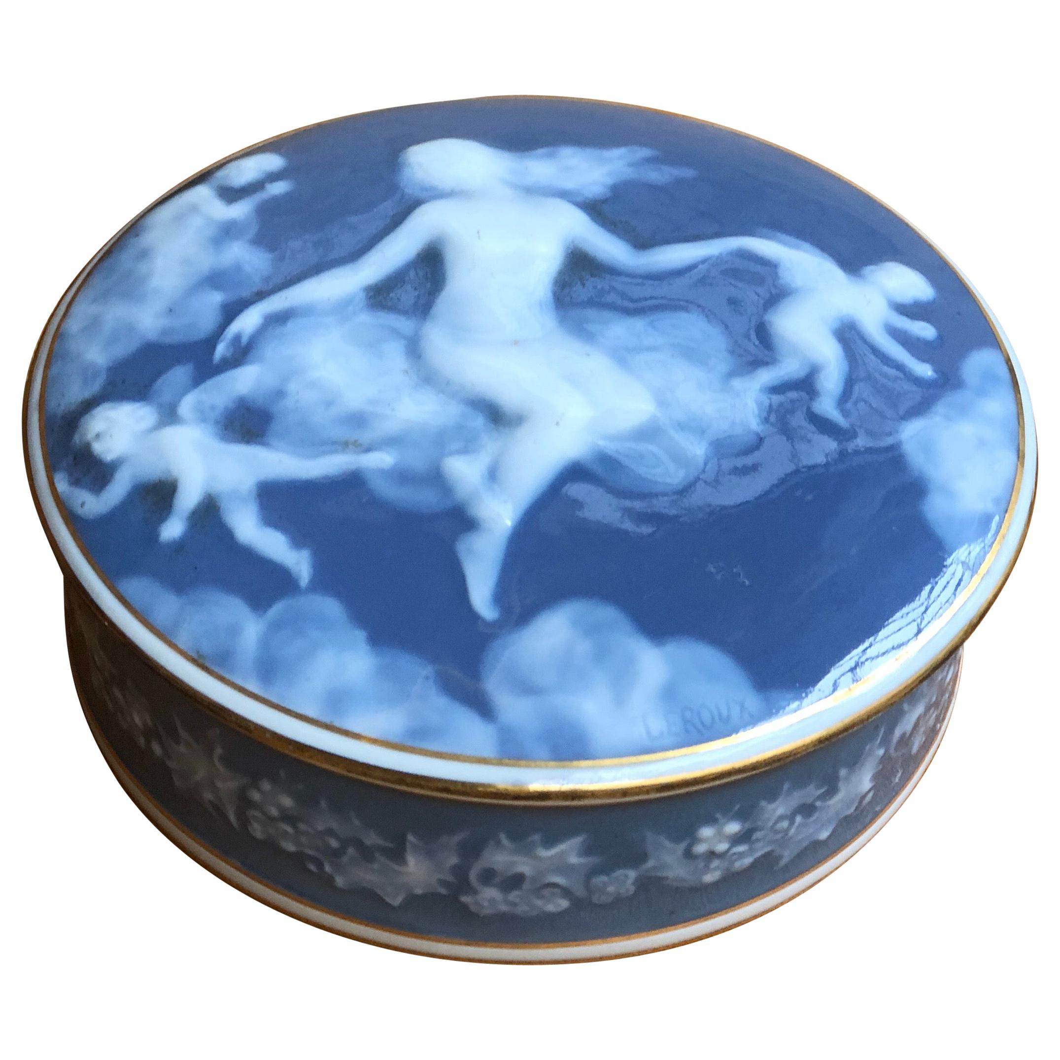 20th Century French Fine Porcelain Blue Chocolate Box by Limoge Signed Leroux For Sale