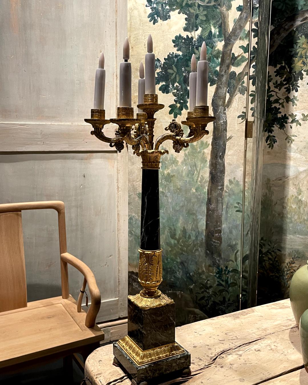 20th Century French Fire-Gilded Bronze and Green Marble Candelabra For Sale 2
