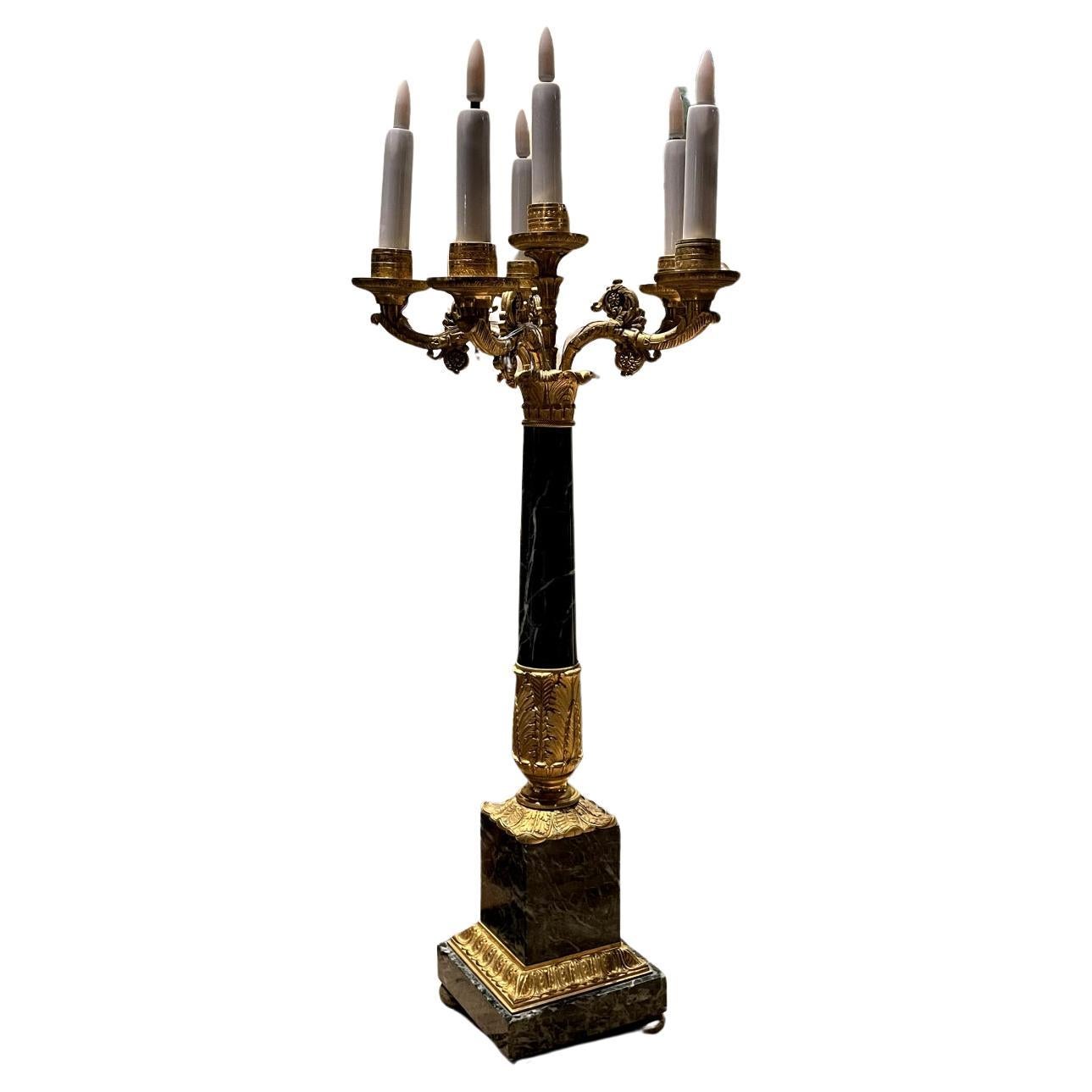 20th Century French Fire-Gilded Bronze and Green Marble Candelabra For Sale